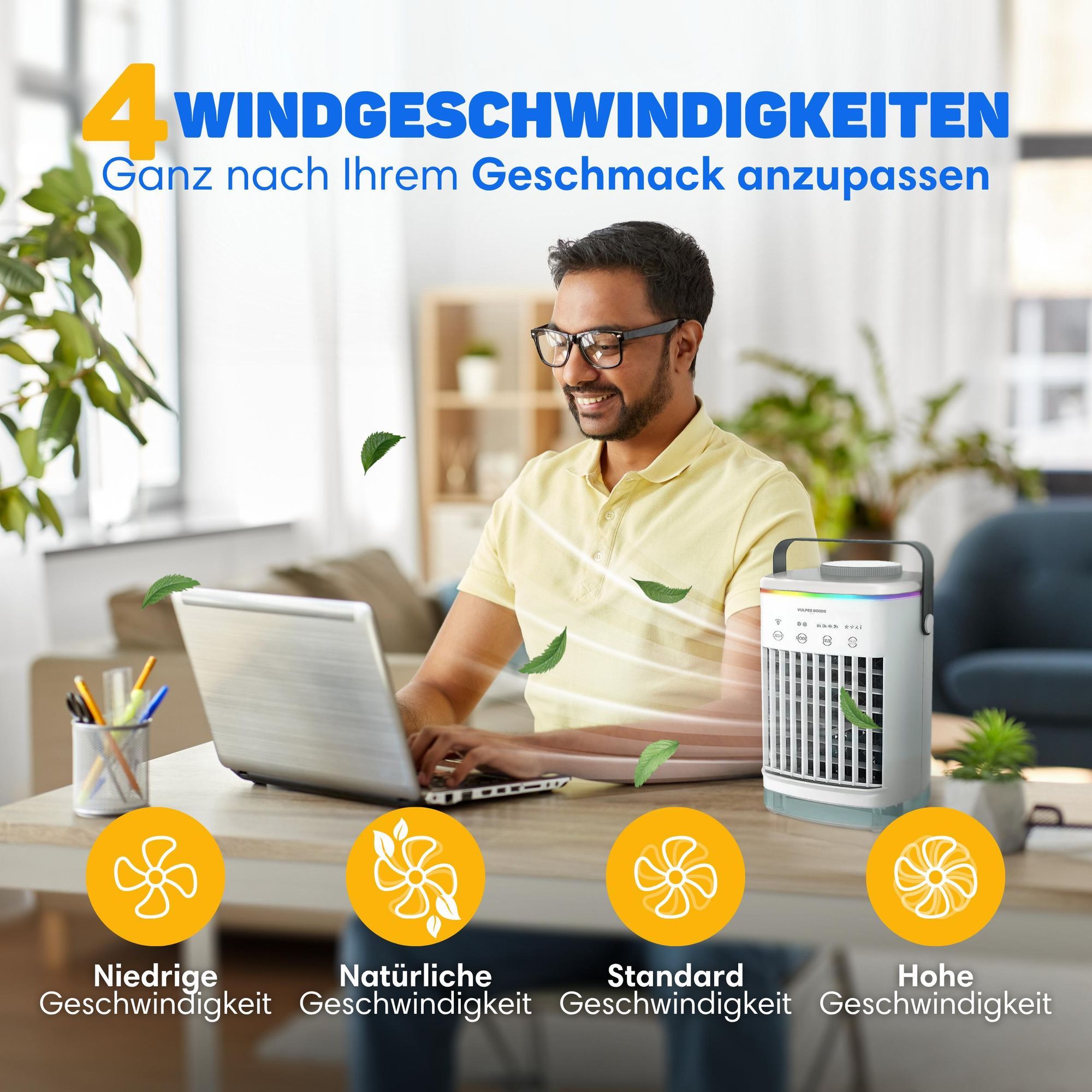 Vulpes Goods Mini-Klimaanlage, Mobile Klimaanlage, Luftkühler 4-in-1, 4 Windgeschwindigkeiten, 2 Luftbefeuchtungsmodi, Timer, Auslaufsicher