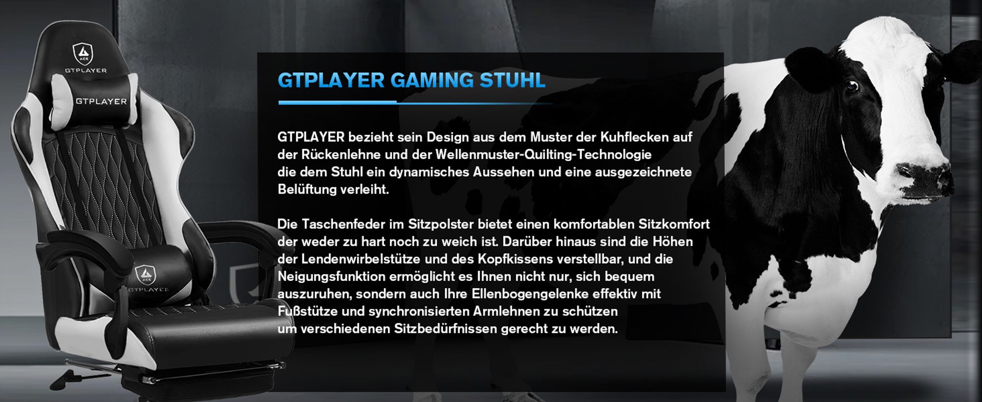 GTPLAYER Gaming-Stuhl Gamer Stuhl, Ergonomischer Bürostuhl mit Fußstütze, Gaming Sessel 150 kg Belastbarkeit, Kopfstütze und Lendenstütze weiß