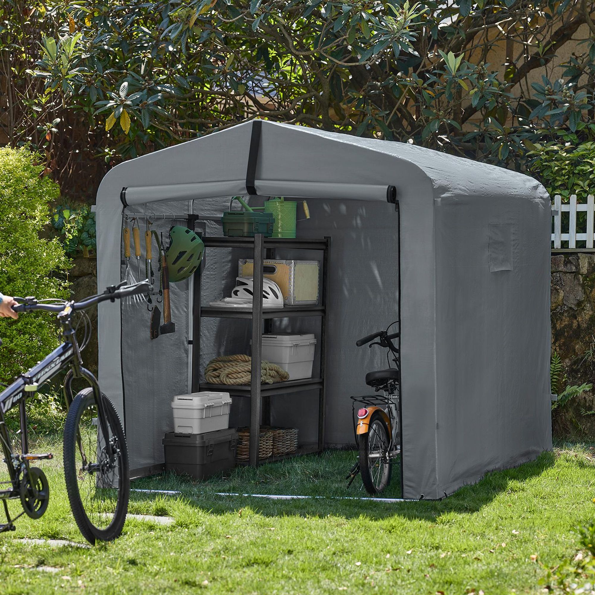 SoBuy Fahrradgarage wetterfest Gerätehaus Fahrradgarage für 2-4 Fahrräder Carport Zelt mit UV-Schutz Fahrradschuppen für Regenschutz KLS11-L-DG
