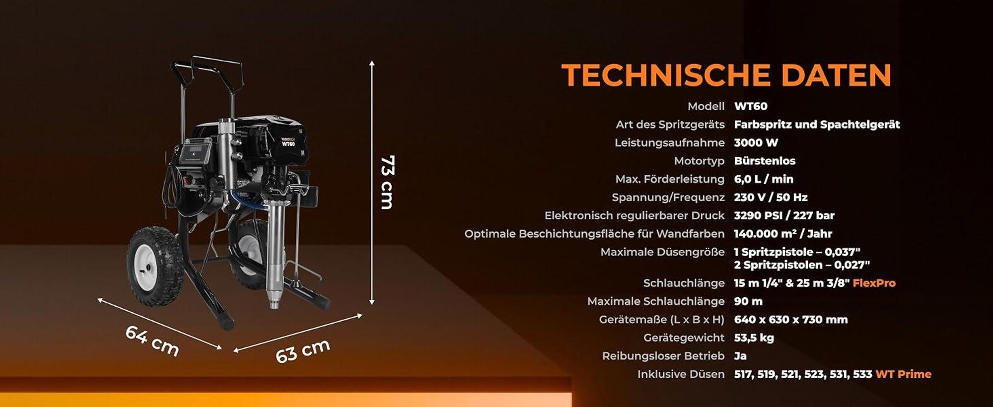 Airless Farbspritzgerät Spachtelspritzgerät WT60 3000W 6 L/min 227 bar Hochdruck Farbsprühsystem Spritzspachtelgerät für Wandfarbe und Spachtelmasse