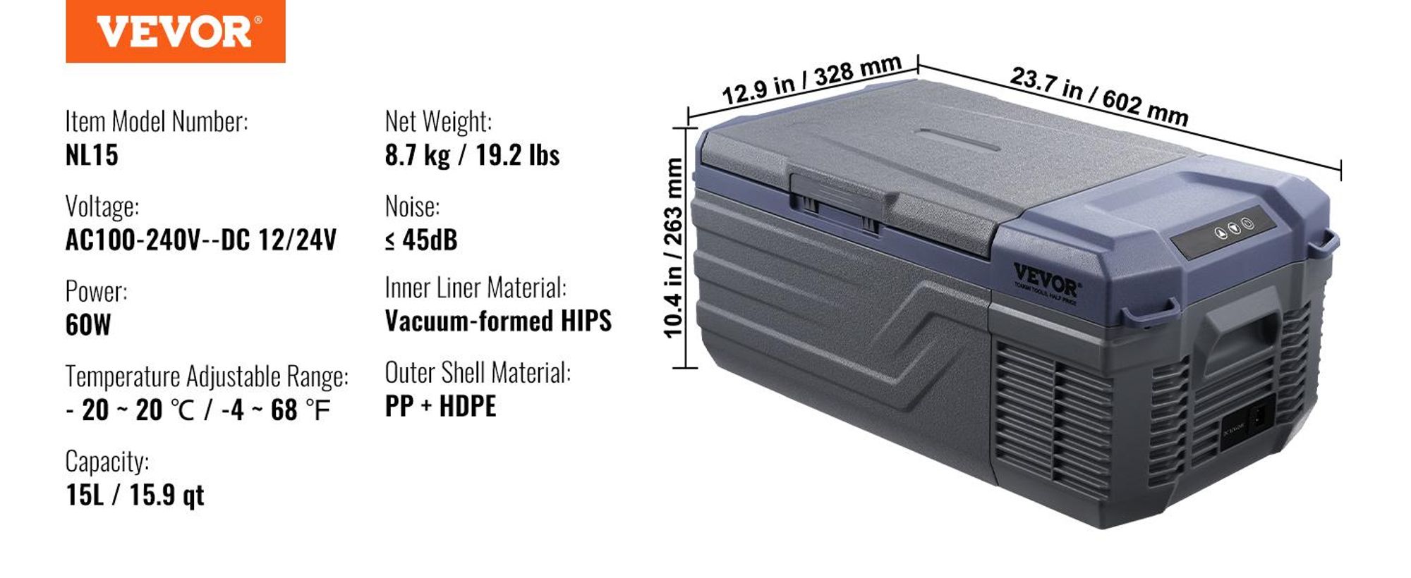 VEVOR Autokühlschrank, 12-Volt-Autokühlschrank, tragbarer 15-Liter-Einzelzonen-Gefrierschrank, einstellbarer Bereich von -4℉ bis 68℉, 12/24 V DC und 100-240 V AC-Kompressorkühler für Outdoor, Camping, Wohnmobil