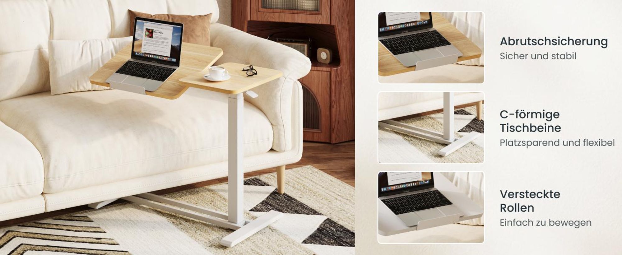 FLEXISPOT Beistelltisch Höhenverstellbar 80x40cm, Laptoptisch mit Neigbarer Desktop, Betttisch mit Rollen, für Wohnzimmer und Schlafzimmer, Ahorn