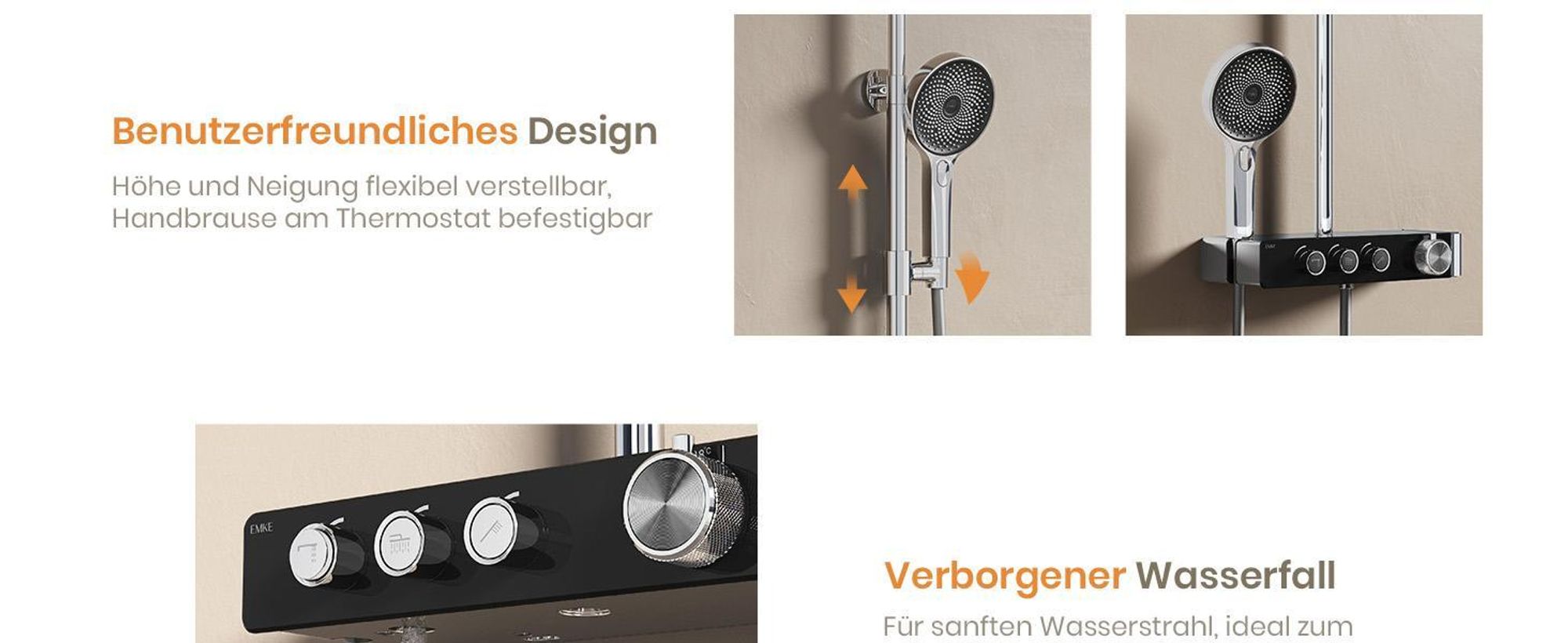 EMKE Duschsystem mit Thermostat Chrom Einstellbarer Wasserfluss 260mm Rund Regendusche, Vorlauf & Badewannenauslauf F28