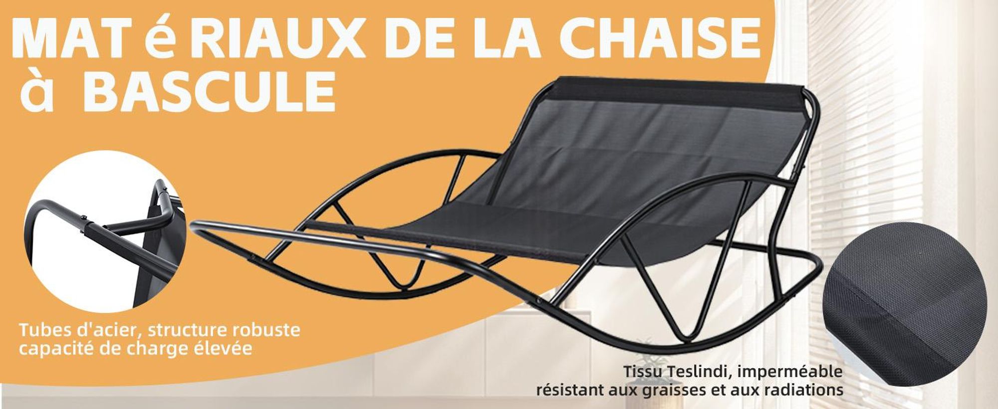 Fauteuil à bascule extérieur pour deux avec coussin et repose-pieds, chambre, salon, terrasse, jardin, balcon, 240 kg, tissu technique, orange