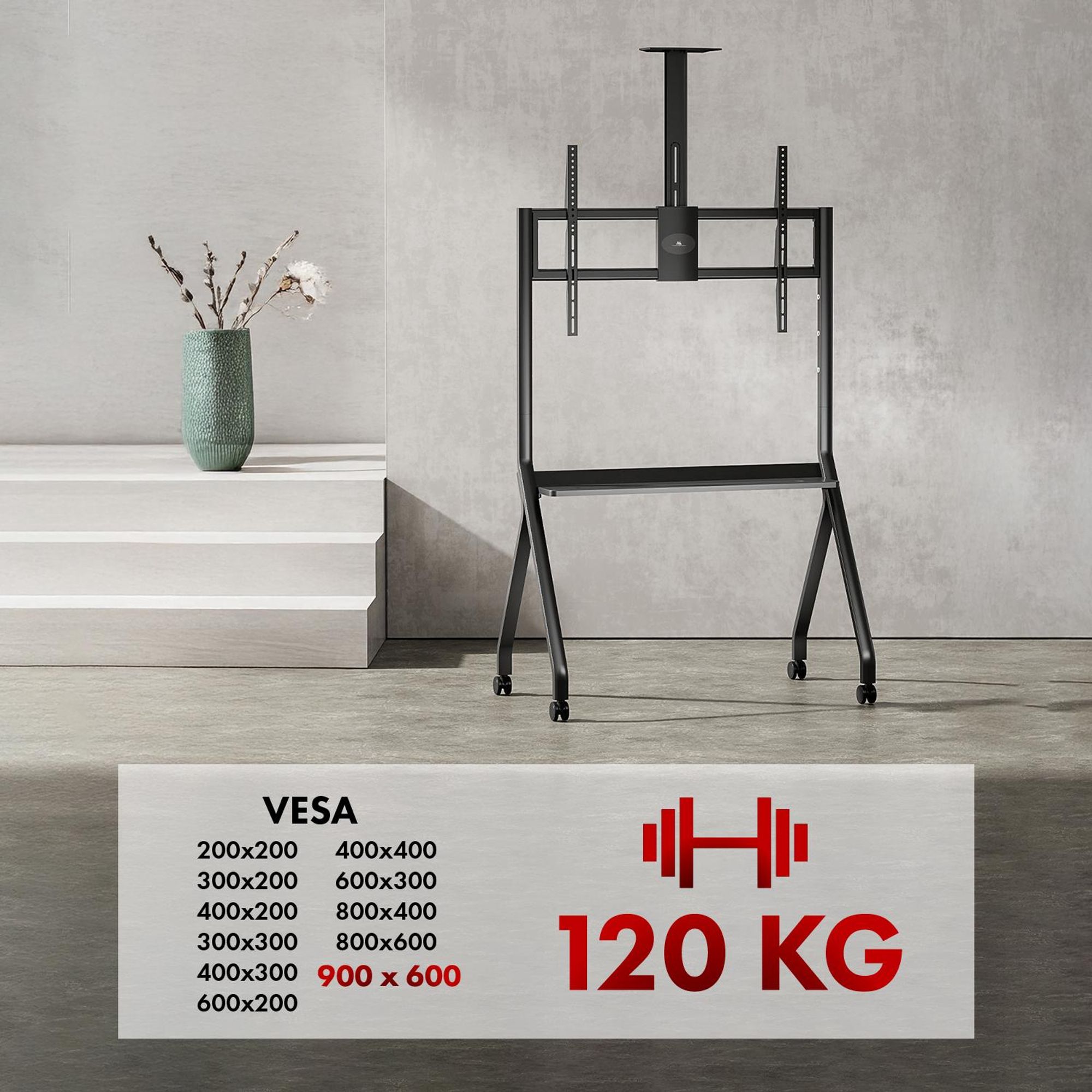 Maclean TV-Ständer/Wagen Kameraablage auf Rädern 55-100" max. Belastung 120kg/10kg Ablage max. VESA 900x600 schwarz MC-114 B