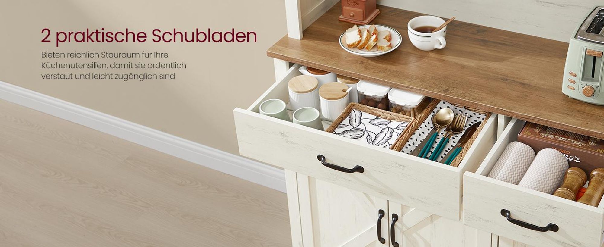 VASAGLE Sideboard, Küchenschrank, Aufbewahrungsschrank, mit Beleuchtung, Ladestation und Schubladen, 39,5 x 106,5 x 180,6 cm, verstellbare Ablagen