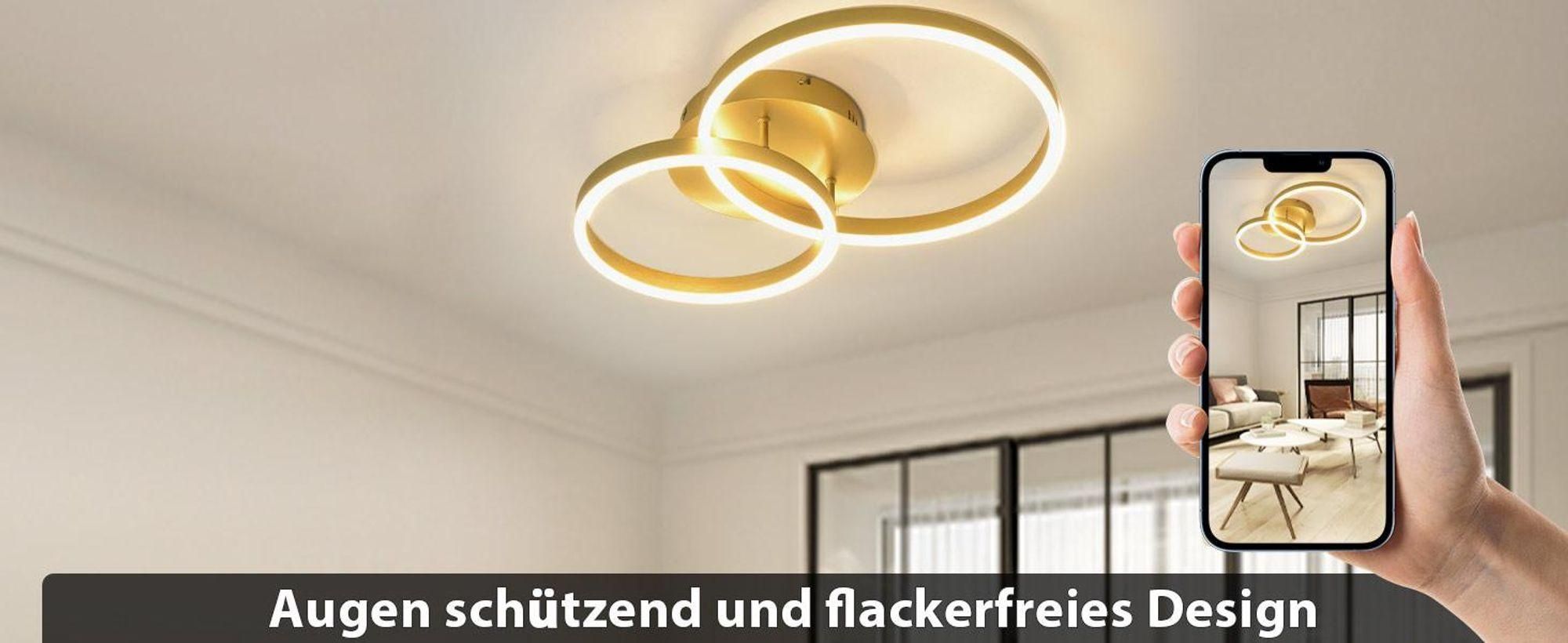 ZMH Deckenlampe LED 46W Deckenleuchte Wohnzimmer Dimmbar mit Fernbedienung Gold 2 Ring aus Acryl Deckenbeleuchtung Modern Design für Schlafzimmer