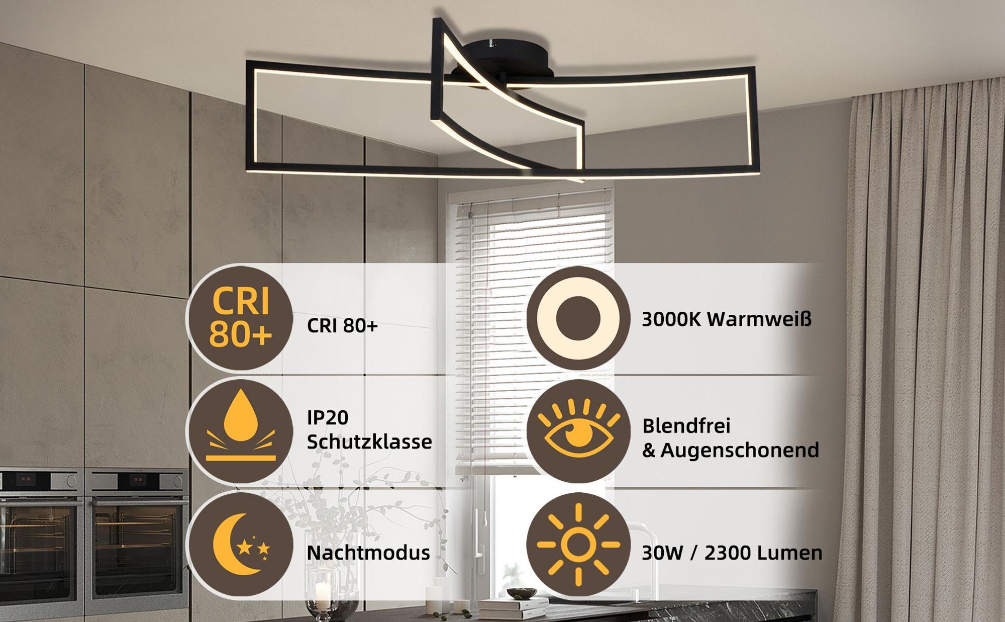 IMPTS LED Deckenleuchte 30W Modern Deckenlampe Schwarz Lampen Deckenbeleuchtung 3000K Warmweiß Wohnzimmer Lampe Flur Deckenleuchte