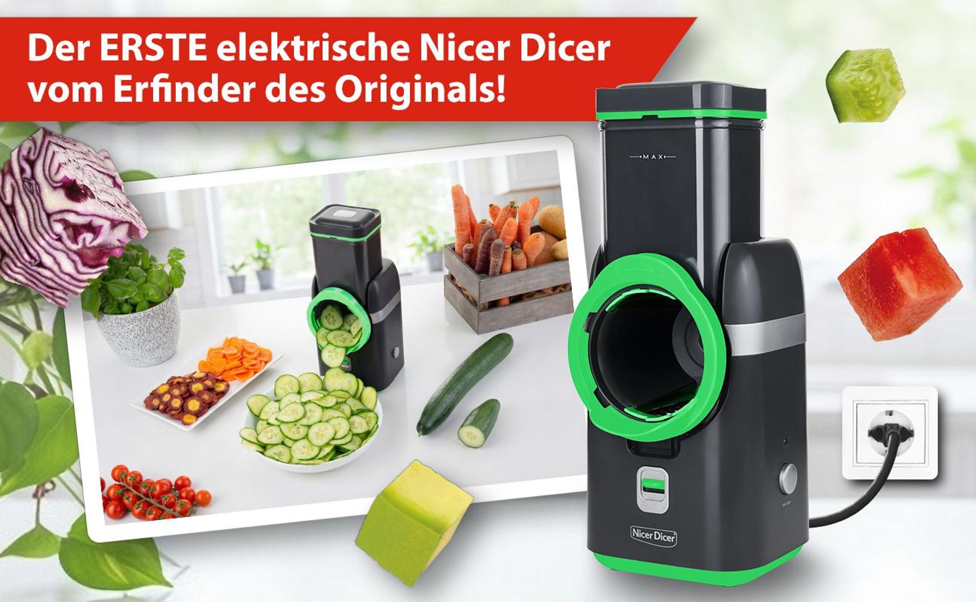 Genius Nicer Dicer Electro Gemüseschneider Deluxe Set 32 tlg, elektrische Gemüsehobel für Würfel, Scheiben, Julienne, Küchenreibe Multizerkleiner