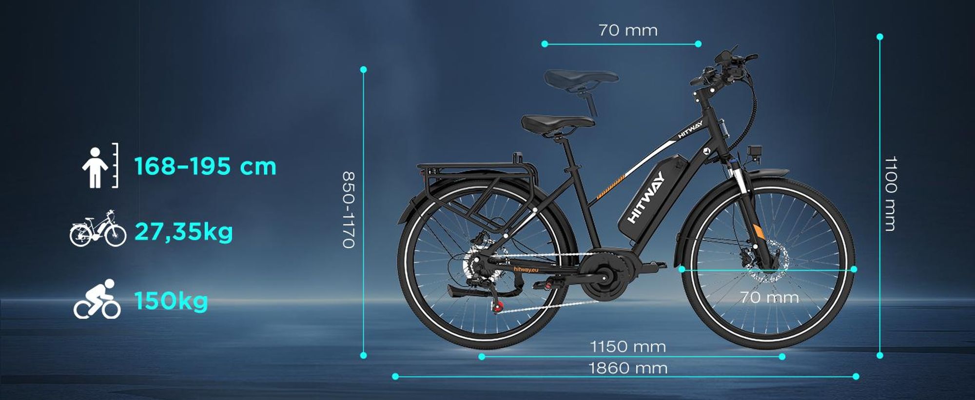HITWAY BK-U1 E-Bike mit Mittelmotor, bis zu 180 km Reichweite, 36V 13Ah Akku, 27,5" × 2,2" Reifen, 7-Gang, 25 km/h, Federgabel, Scheibenbremsen