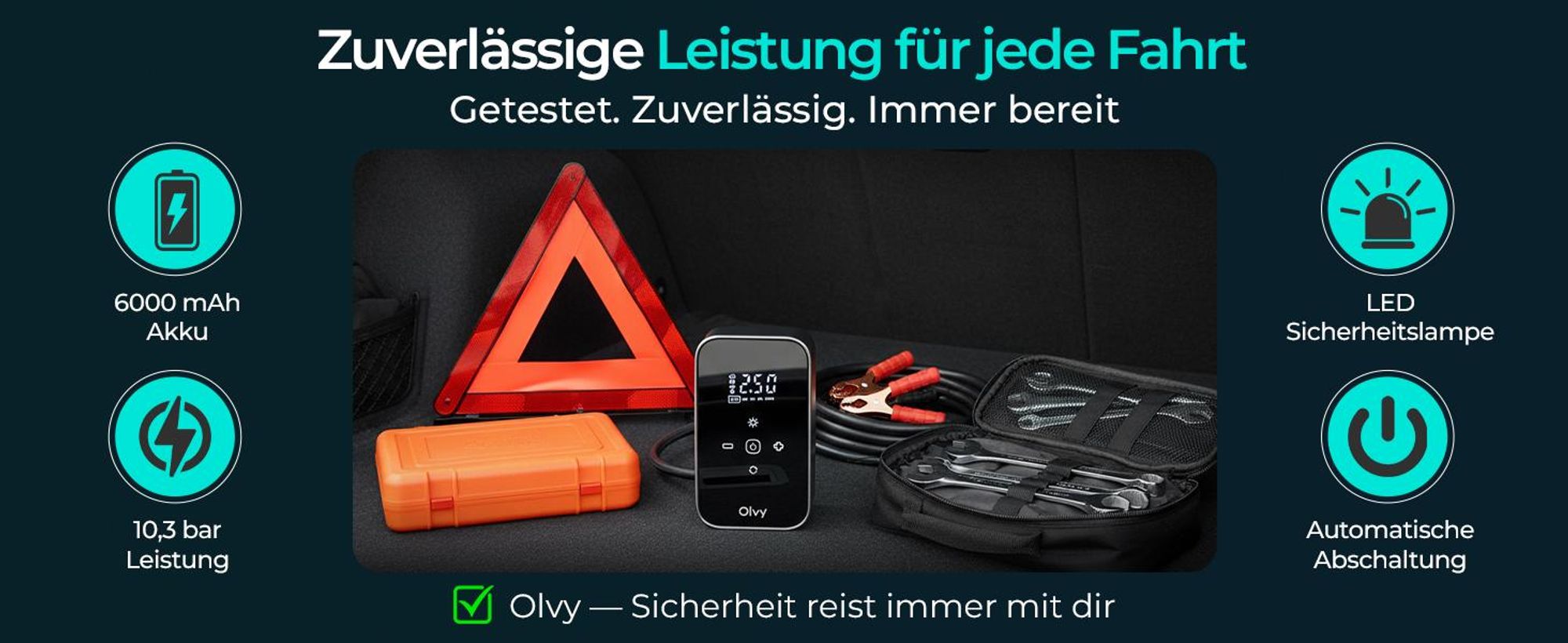 Olvy Elektrische Luftpumpe mit Powerbank 6000 mAh – 12V Mini Kompressor für Auto, Fahrrad, Bälle, Luftmatratze, Display, LED, automatische Abschaltung