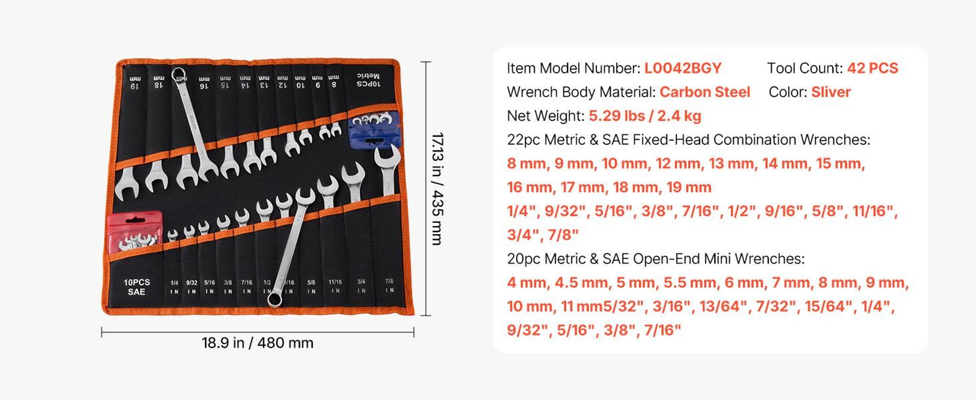 VEVOR Maulschlüsselset, 30-teiliges Ratschen-Schlüsselset mit Organizer-Rack, Cr-V Stahl-Schlüsselset SAE 1/4" bis 1", metrisch 8 mm bis 24 mm, ideal für den allgemeinen Haushalt, die Garage, die Werkstatt, Notfälle, 42 Stück