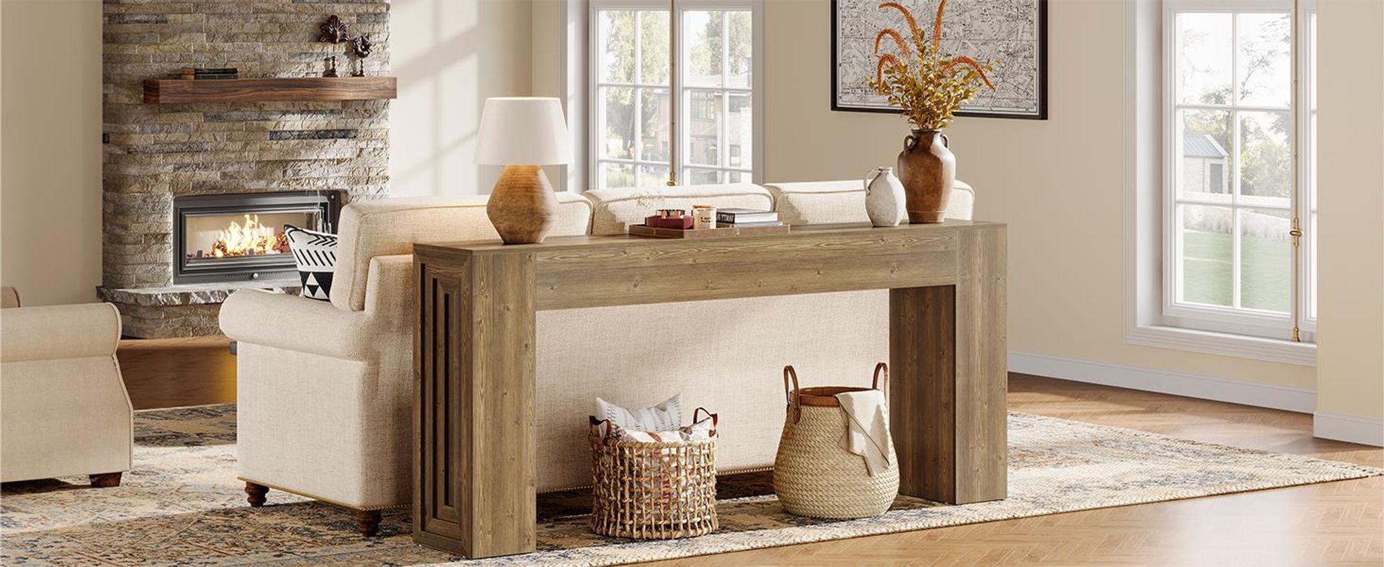 Tribesigns Konsolentisch, 160 cm schmaler Sofatisch im Landhausstil hinter der Couch für Wohnzimmer, Eingangsbereich, Flur, Foyer, Naturbraun