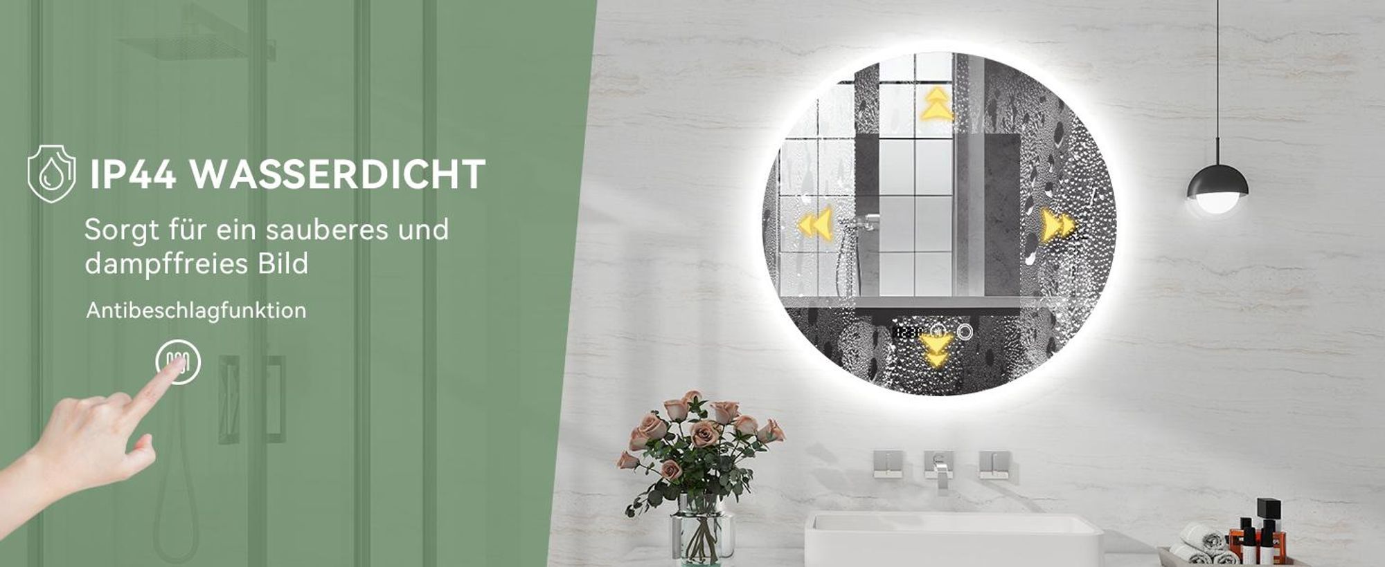 Puluomis Badspiegel beschlagfrei 70cm mit Uhr Temperatur, 3 Farbe dimmbare Helligkeit LED Beleuchtung,Badezimmerspiegel 6500k spritzwassergeschützt