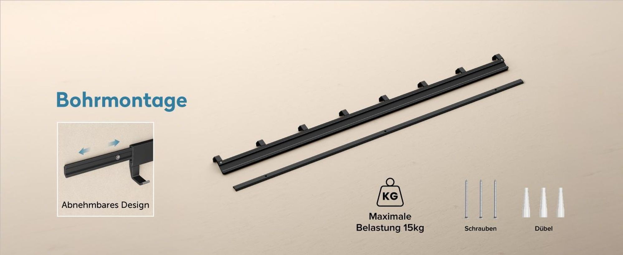 doporro Wandgarderobe aus Aluminium mit verschiebbaren Garderobenhaken, Garderobenleiste mit Kleiderhaken für Flur, Bad, 40 cm, Matt Schwarz, Stalo10