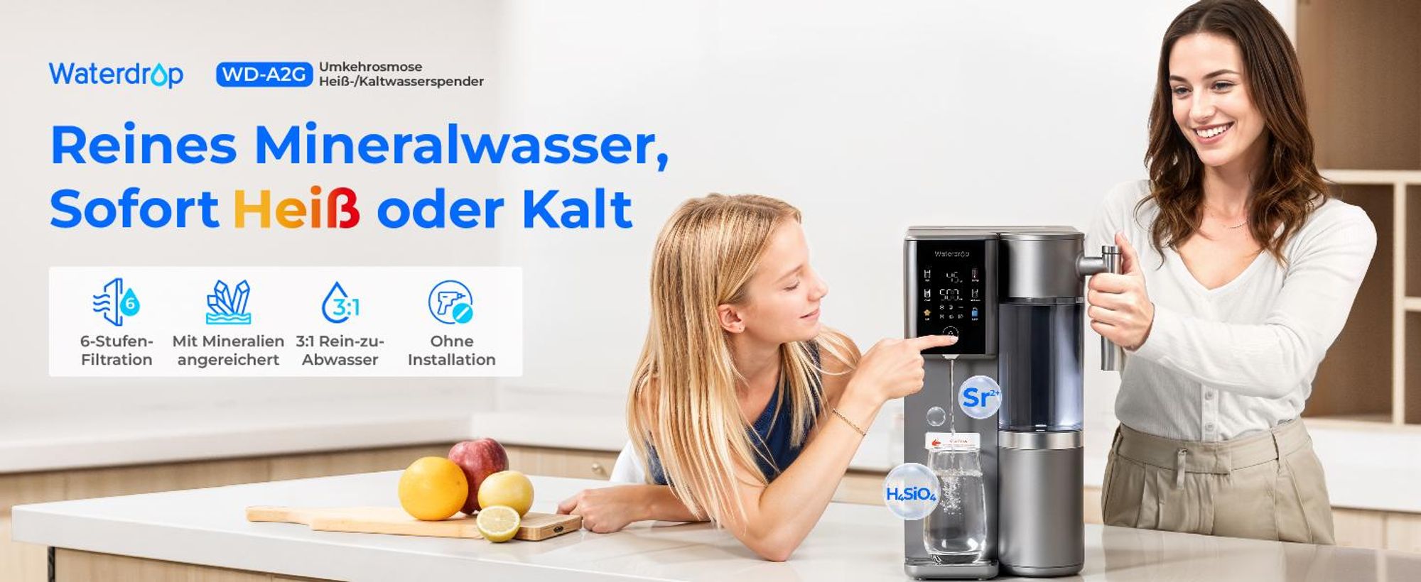 [Mineralisiert] Waterdrop WD-A2G Auftisch-Umkehrosmoseanlage, Heiß- und Kalt-RO, Tragbarer Reinwassertank, 6 Temperaturen