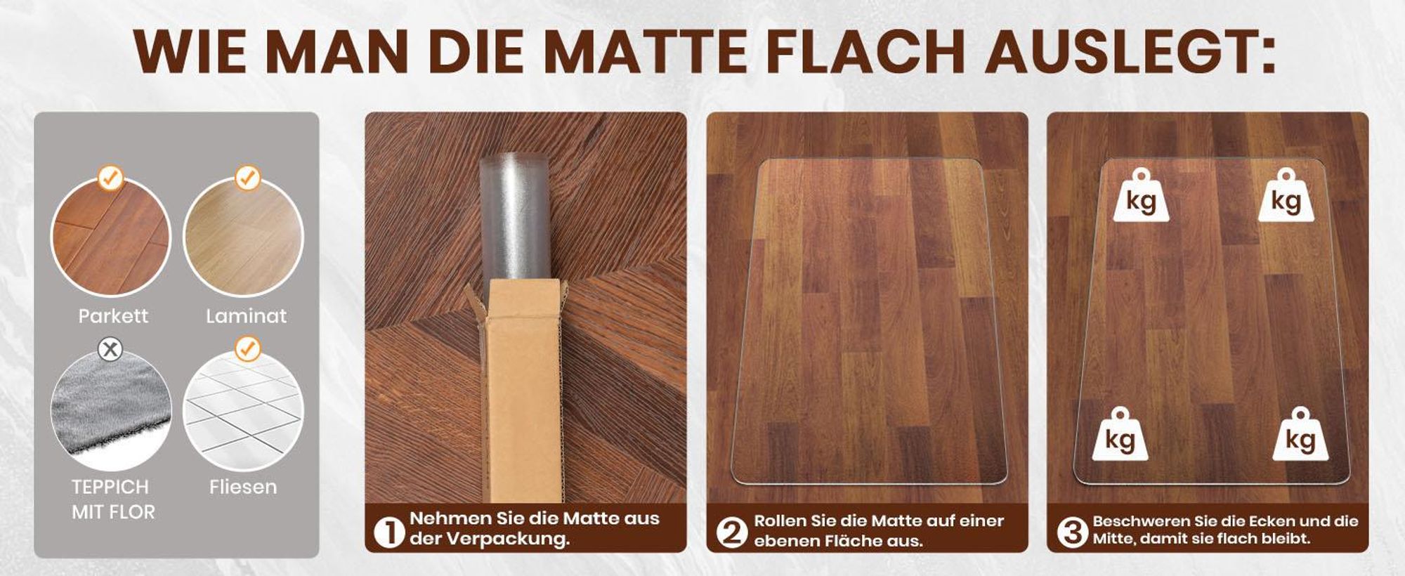 Bodenschutzmatte für Hartböden, Bürostuhl Unterlage, Bodenmatte, Bodenschutz, Unterlegmatte, 100x120cm