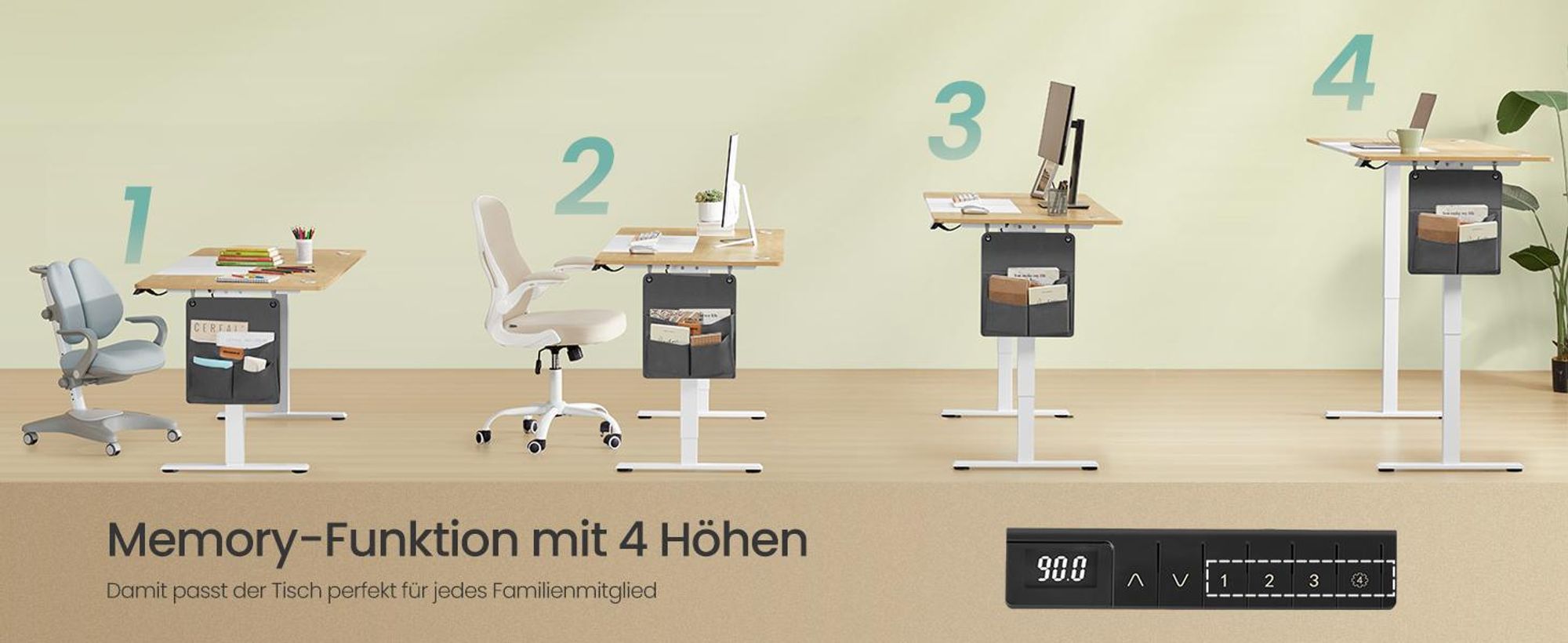 SONGMICS Höhenverstellbarer Schreibtisch elektrisch 120cm, stufenlos verstellbar, Memory-Funktion mit 4 Höhen,  pastellgelb