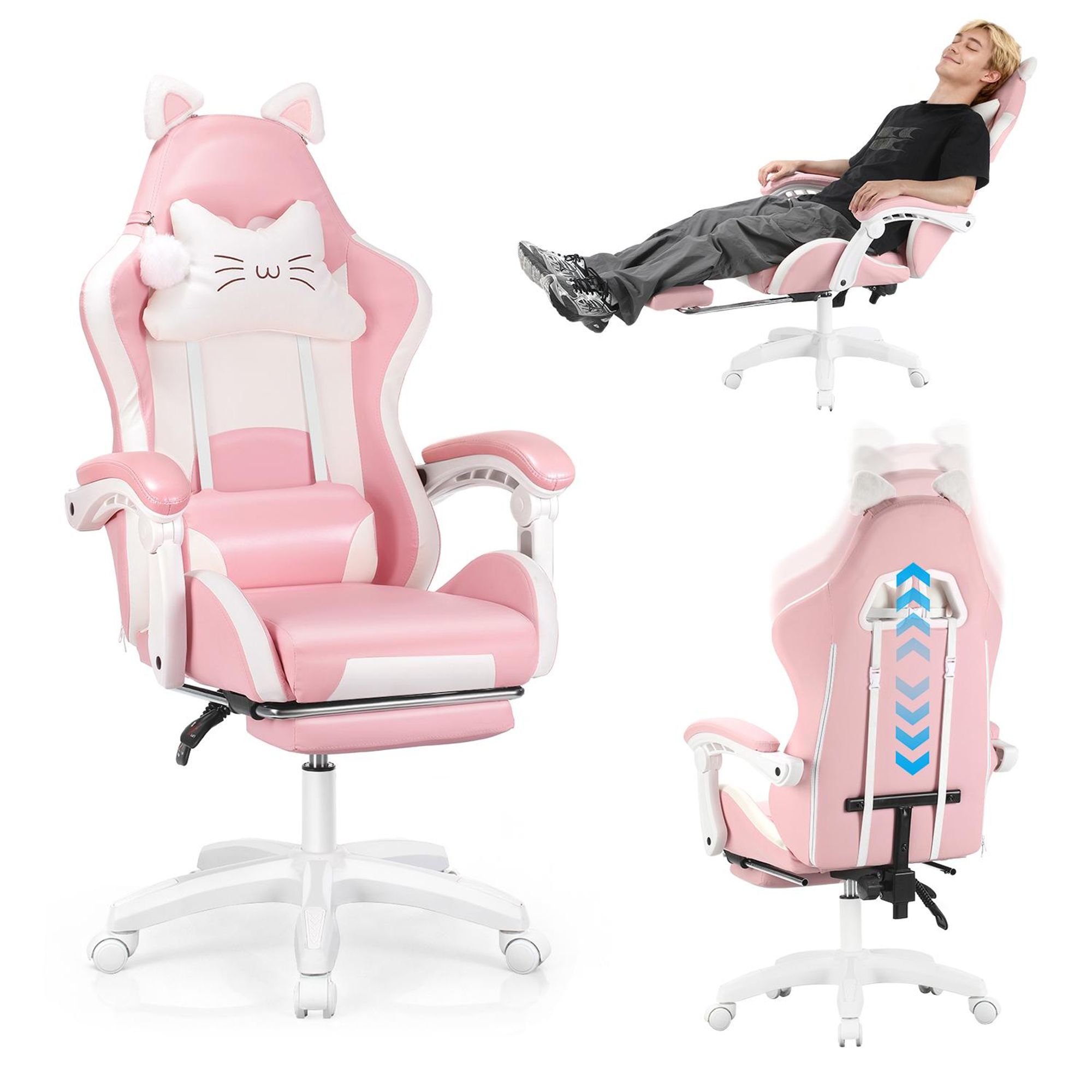 Gaming Stuhl mit Lendenwirbelstütze und Fußstütze 150kg, Bürostuhl Ergonomisch Schreibtischstuhl Racing Stuhl Computerstuhl Höhenverstellbar