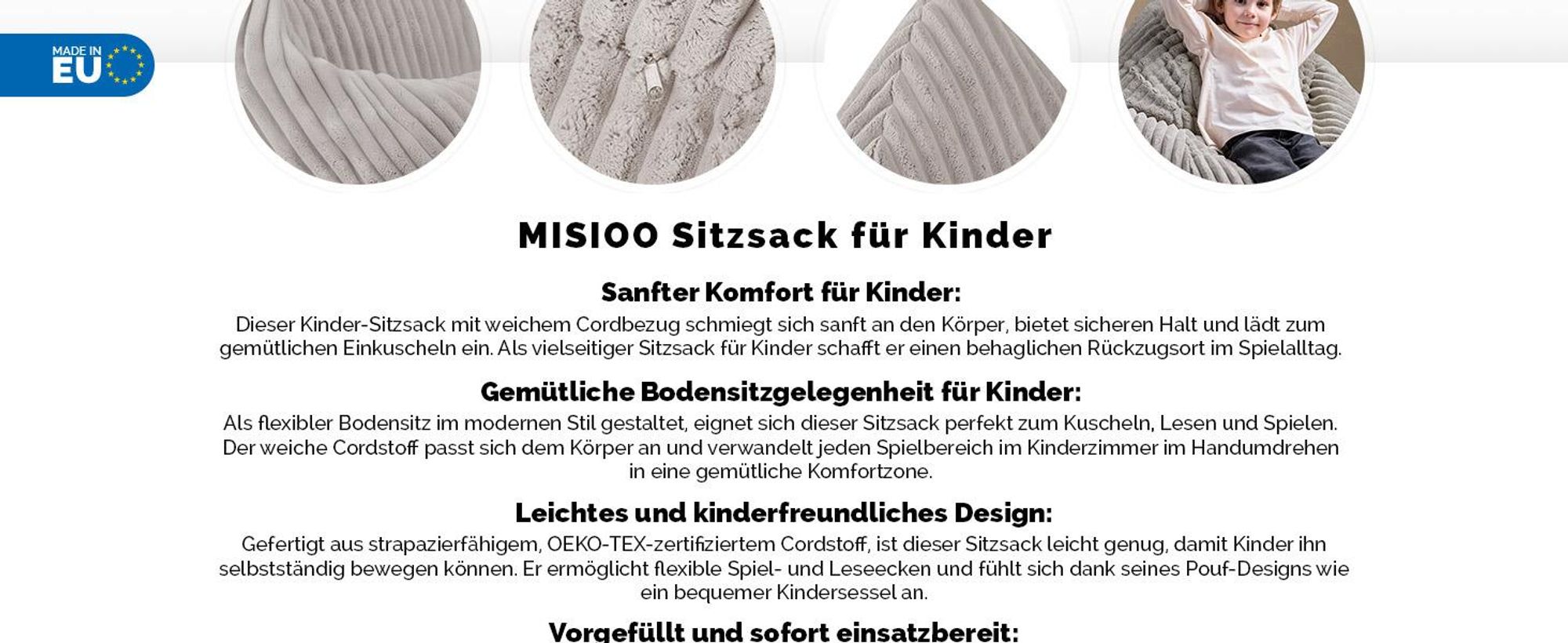 MISIOO Kinder Sitzsack Premium - Ergonomischer - Ab 12 Monaten - Bequeme Sitzsäcke fürs Kinderzimmer - Sitzsack mit Leichter Styroporfüllung