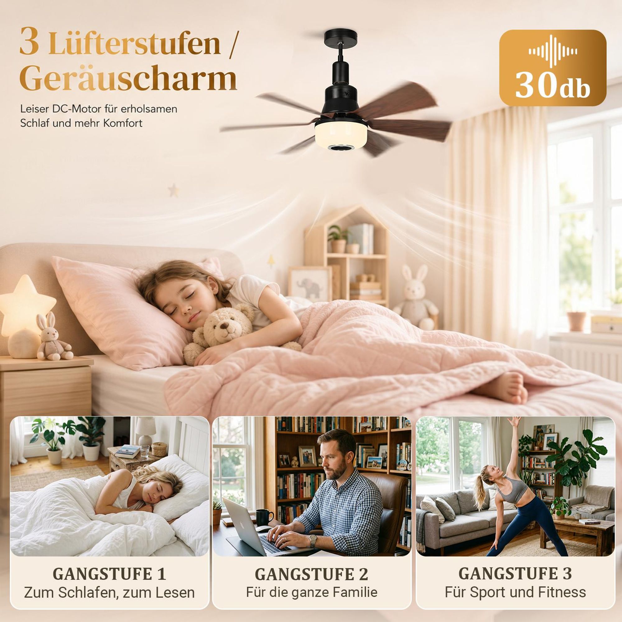 E27 Leise Ventilator φ52cm Deckenventilator mit Licht & Fernbedienung 40W RGB Bluetooth Lautsprecher 3 Windstufen, Lampe mit Ventilator Schlafzimmer
