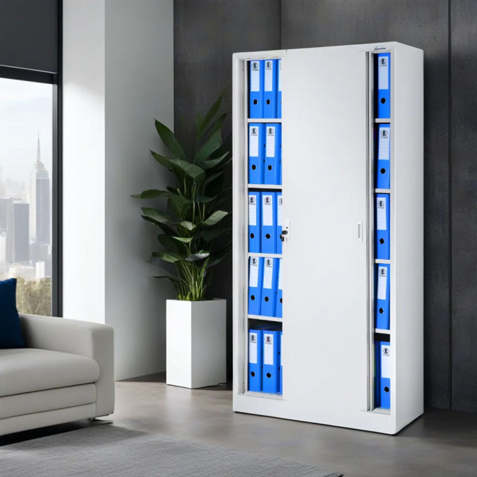Aktenschrank Büroschrank mit Schiebetüren Stahlblech Fachböden Pulverbeschichtung abschließbar 185 cm x 90 cm x 40 cm Farbe: Grau