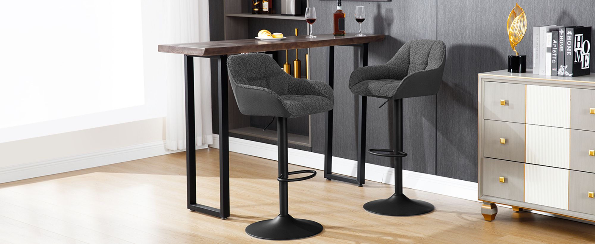 WOLTU Barhocker höhenverstellbar, drehbar, gepolstert, Chenille Cord Metall, Dunkelgrau