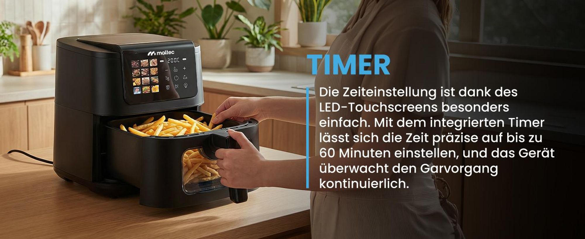 Fritteuse mit 8 Litern Fassungsvermögen, Sichtfenster und 12 Programmen in Schwarz