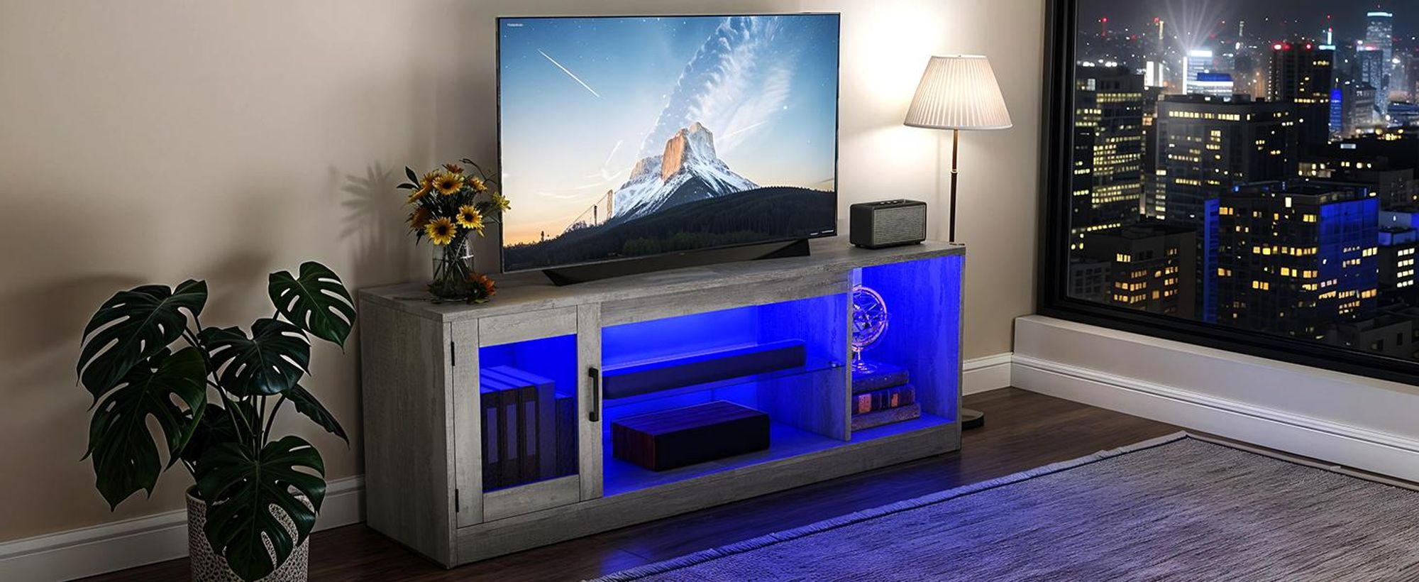 TV-Schrank für Fernseher bis zu 65 Zoll mit 7 RGB-LED-Leuchten mit 22 Modi, 148 x 51 x 32 cm, Grau
