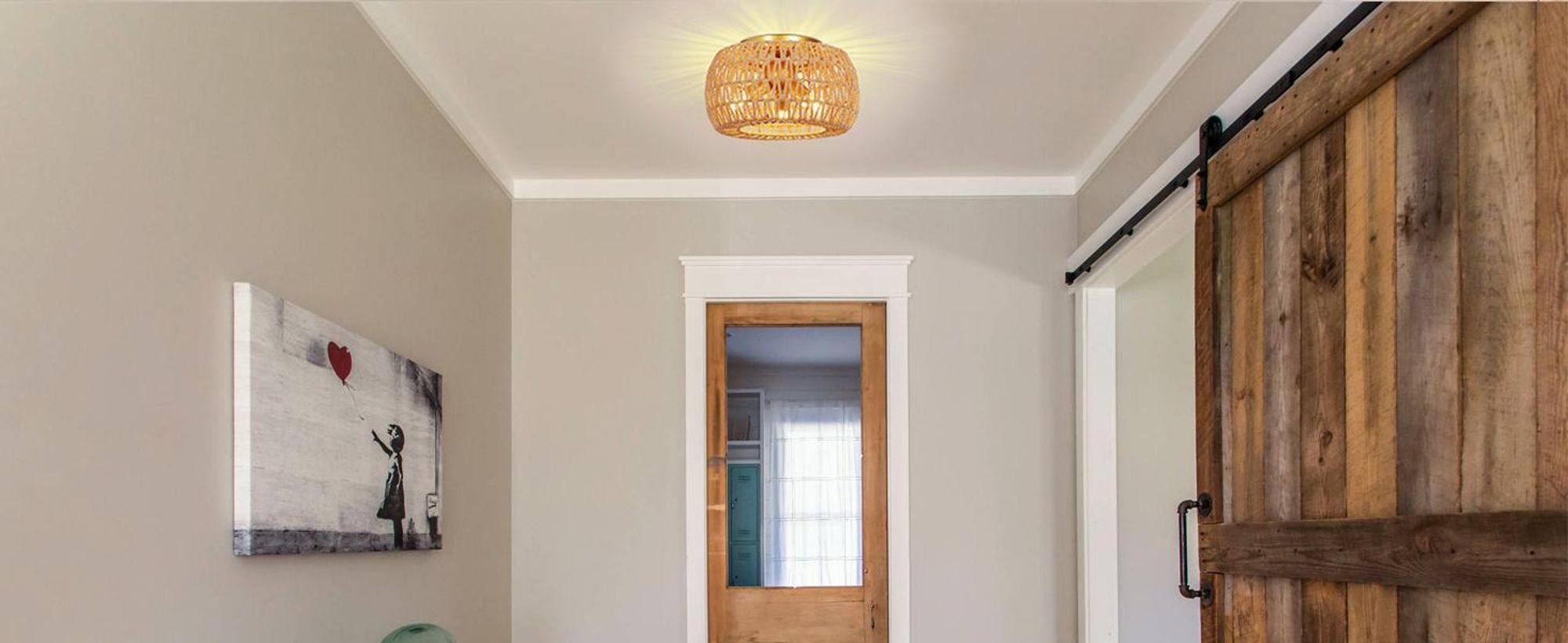 Deckenlampe Boho Vintage Deckenleuchte E27 3-Flammige Pendelleuchte mit Rattan Lampenschirm für Wohnzimmer, Schlafzimmer, Küche, Flur