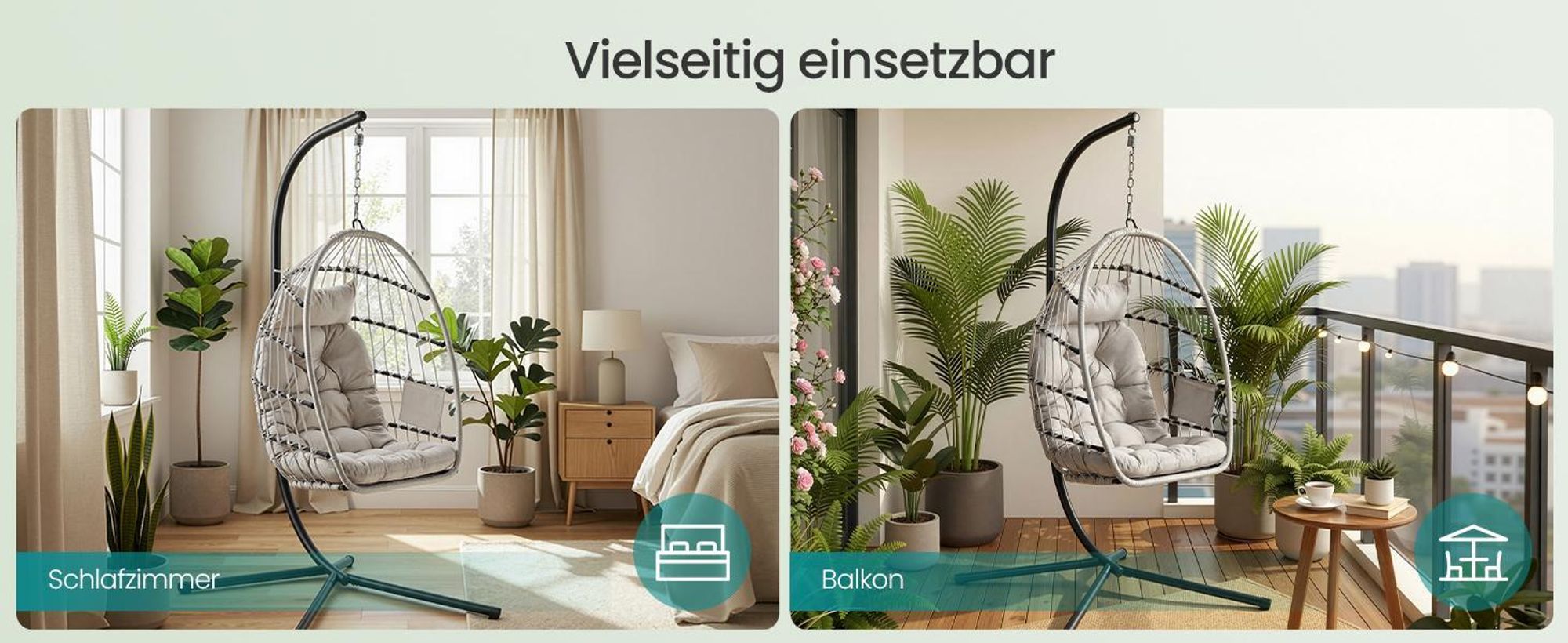 SONGMICS Schaukelstuhl mit Gestell, klappbarer Korbsessel höhenverstellbar, Hängeschaukel für Garten Balkon, Kissen, grau