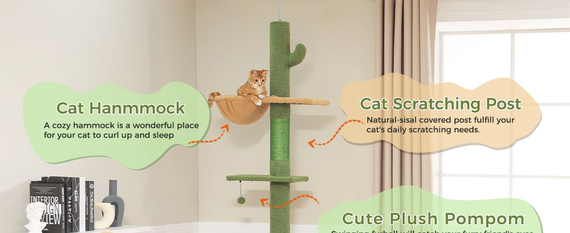 PAWZ Road Kaktus Kratzbaum, Katzenbaum vom Boden bis zur Decke, Grün