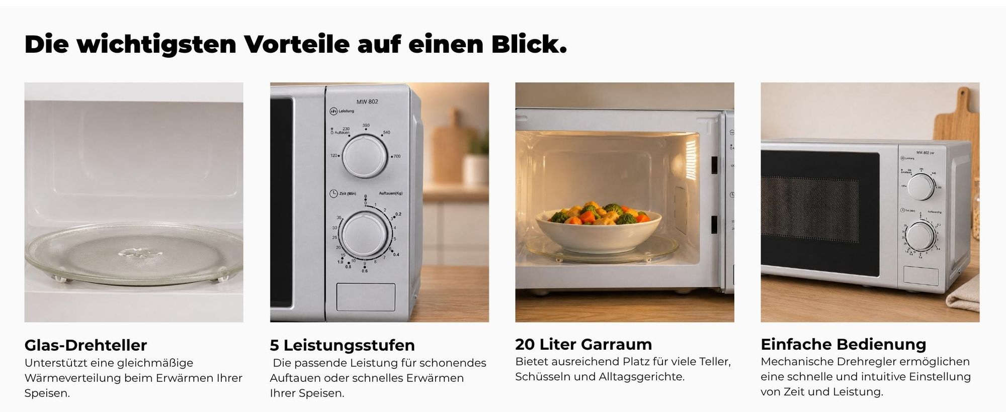 Exquisit Mikrowelle MW 802 Silber | 700 Watt | 5 Leistungsstufen | Timer Timer | Auftaufunktion | 25,5cm Ø Drehteller