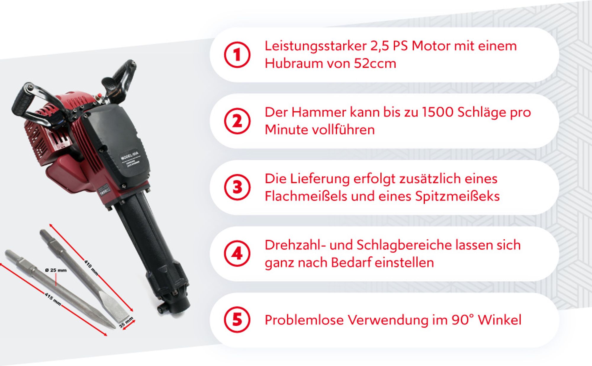 Wiltec Abbruchhammer 2.5PS 55J Schlagstärke 1500 1/min Schlagzahl, Sechskantaufnahme, mit 2 Meißeln, Stemmhammer Meißelhammer Schlaghammer