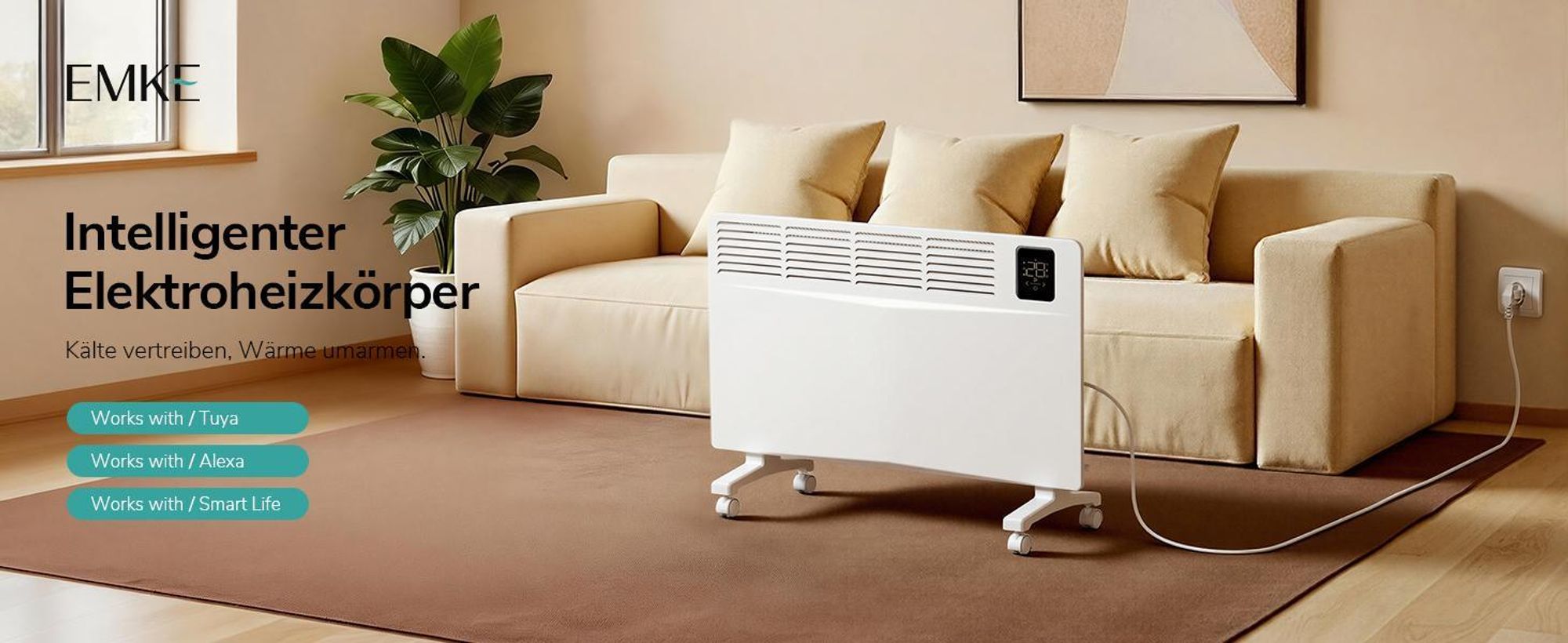 EMKE Konvektor Heizung 2000W mit WiFi & App, Elektroheizkörper Energiesparend, Wandheizung & Standgerät mit Rollen, 24/7 Timer, Weiß