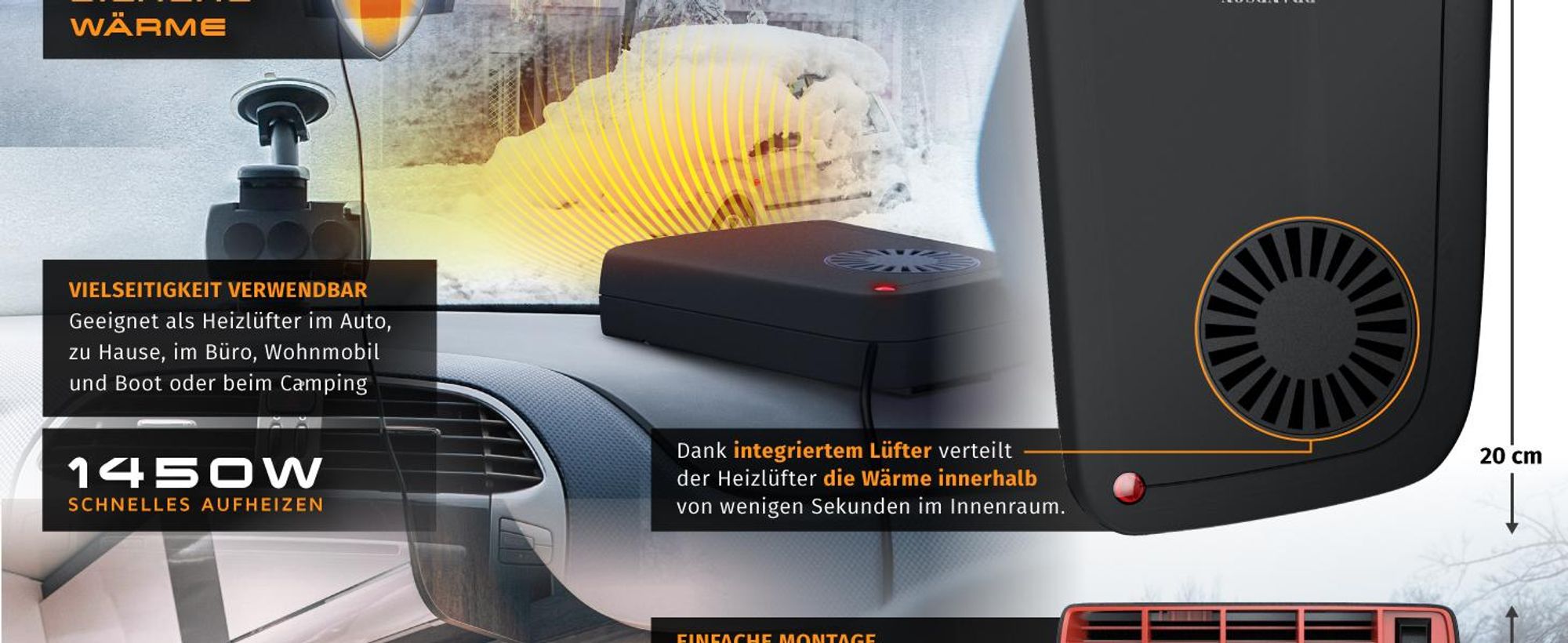 Brandson Heizlüfter 1400W, Innenraumheizung, mobile Auto Heizung, PKW, Überhitzungsschutz, Entfroster Standheizung, Schwarz/Rot