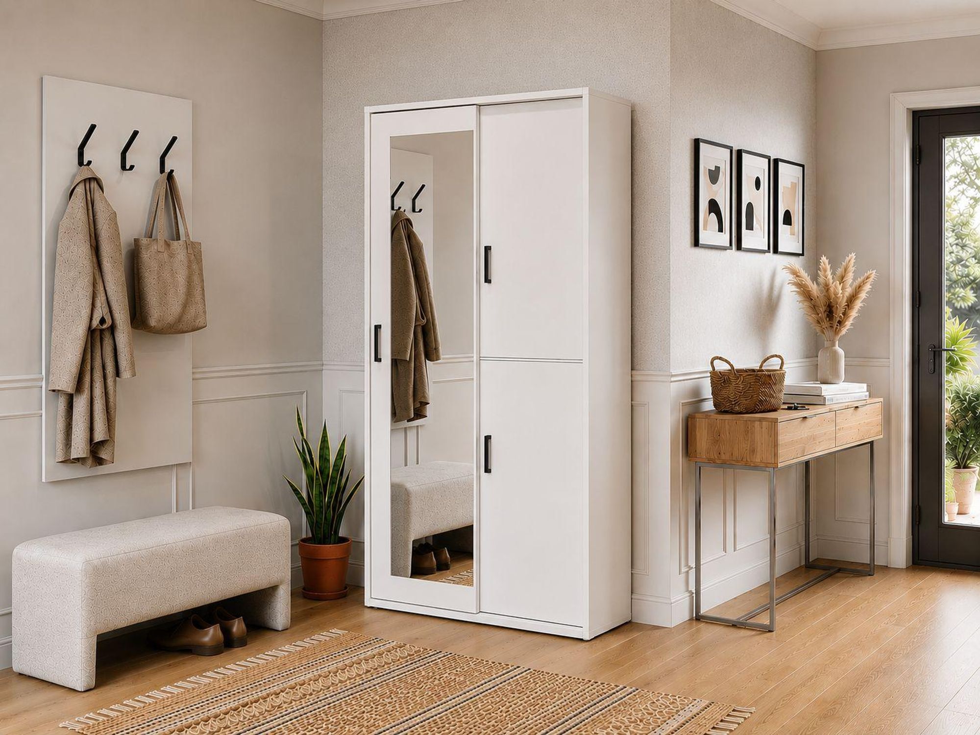 BEAUTYSOFA | Kleiderschrank LANO 100 cm Weiß Schrank mit Spiegel – Schwebetüren, Kompaktgarderobe, Garderobenschrank mit Regalen und Kleiderstange