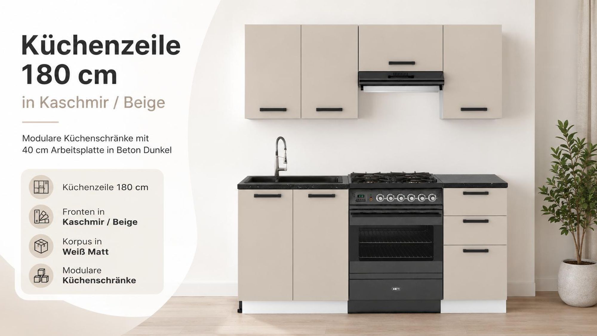ULWEHOME Küchenzeile 180 cm in Kaschmir-Beige mit Schränken und 40 cm Arbeitsplatte