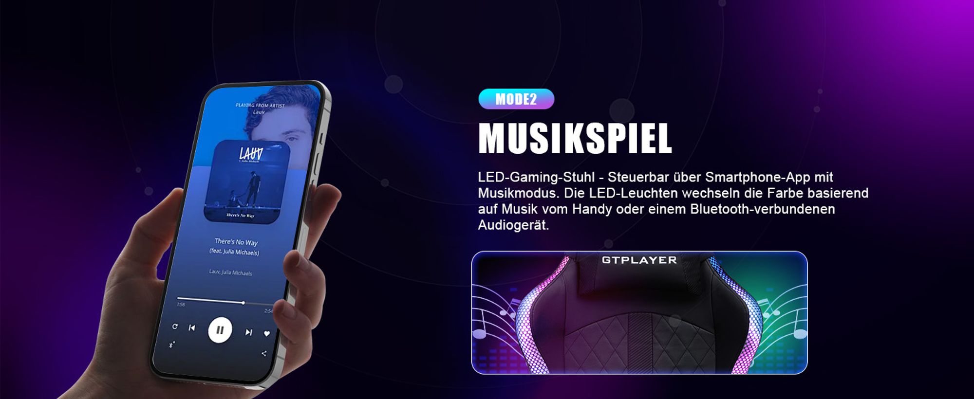 GTPLAYER Gaming Stuhl mit Lautsprecher und LED, Bürostuhl Gaming Chair Gamer Stuhl, Rückenlehne mit Aufbewahrungstasche Ergonomischer PC Stuhl schwarz