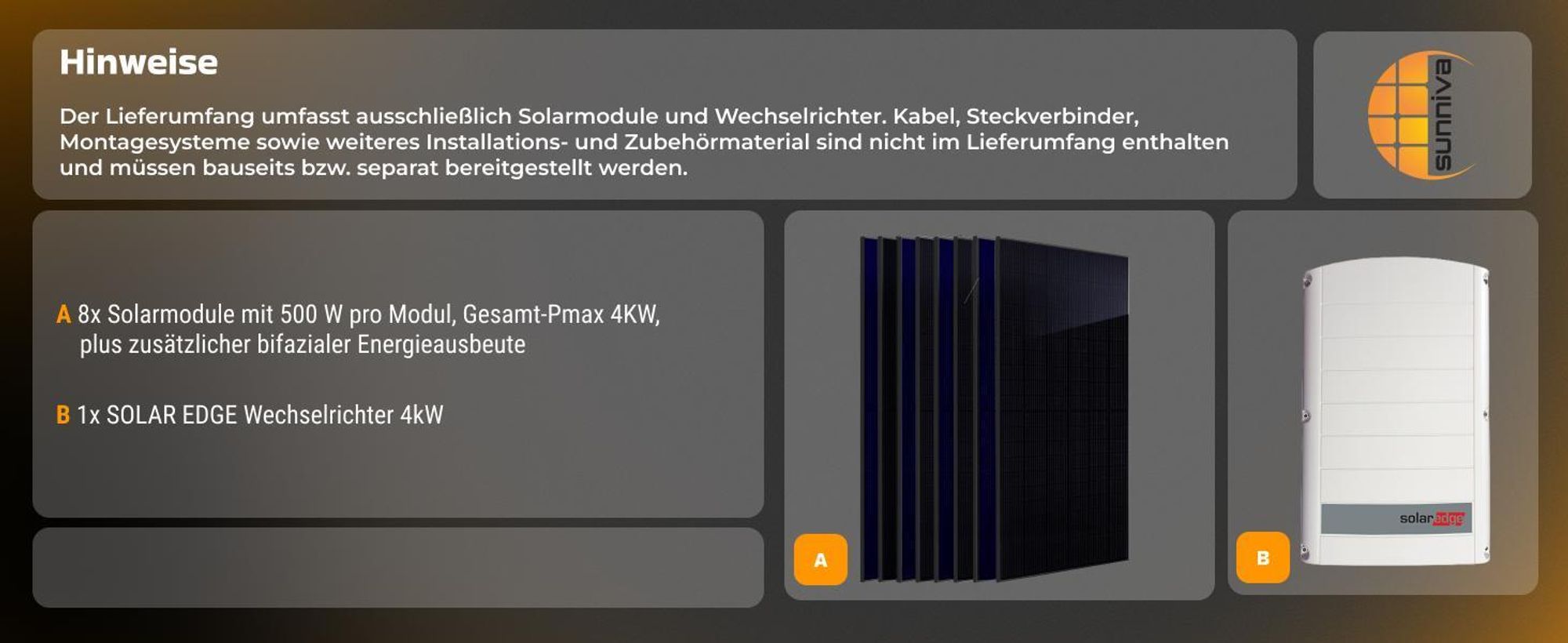 SUNNIVA® 4.0 kW Solaranlage, 8x 500 W Solarmodule Fullblack Bifacial, Wechselrichter SolarEdge SE4K (3-phasig)