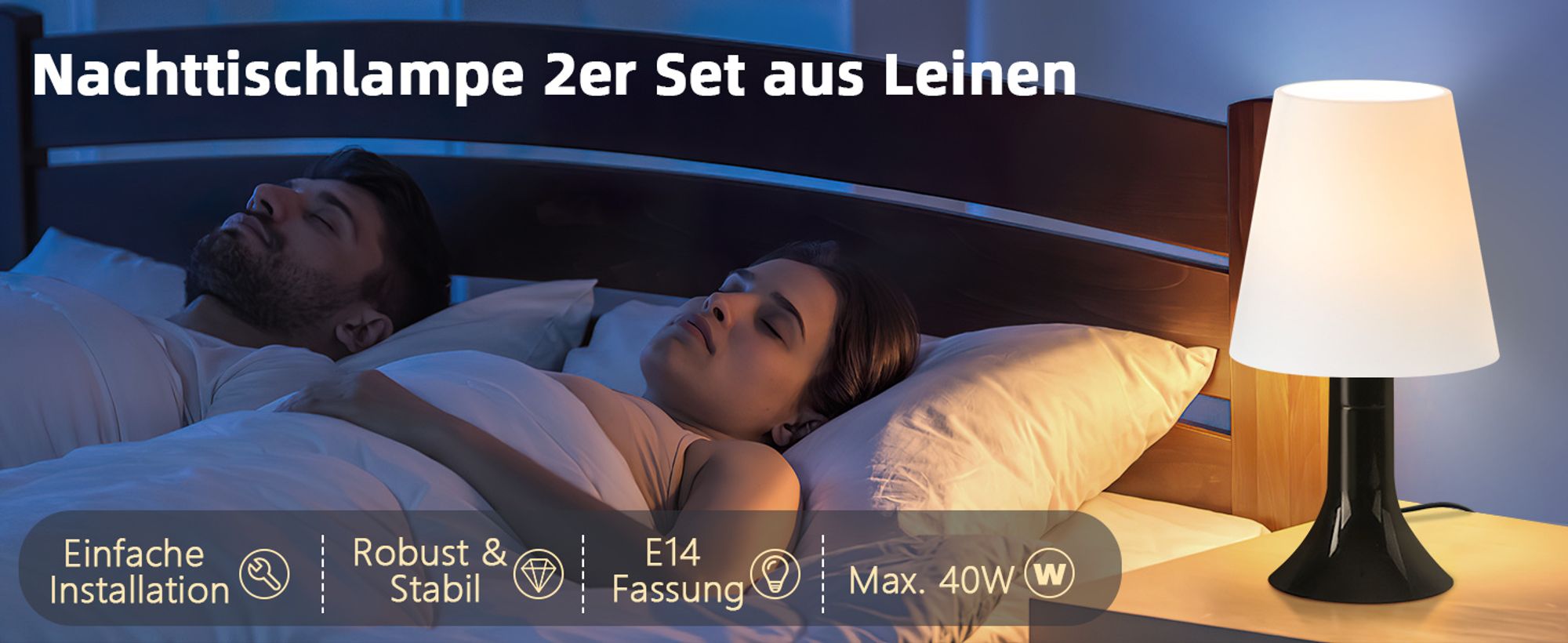 ZMH Nachttischlampe Wohnzimmer Tischlampe mit Kabel Tischleuchte 2er Set Kleine Lampe Schwarz E14 Tischlampen Moderne Landhausstil für Esstisch Schlafzimmer Ohne Leuchtmittel