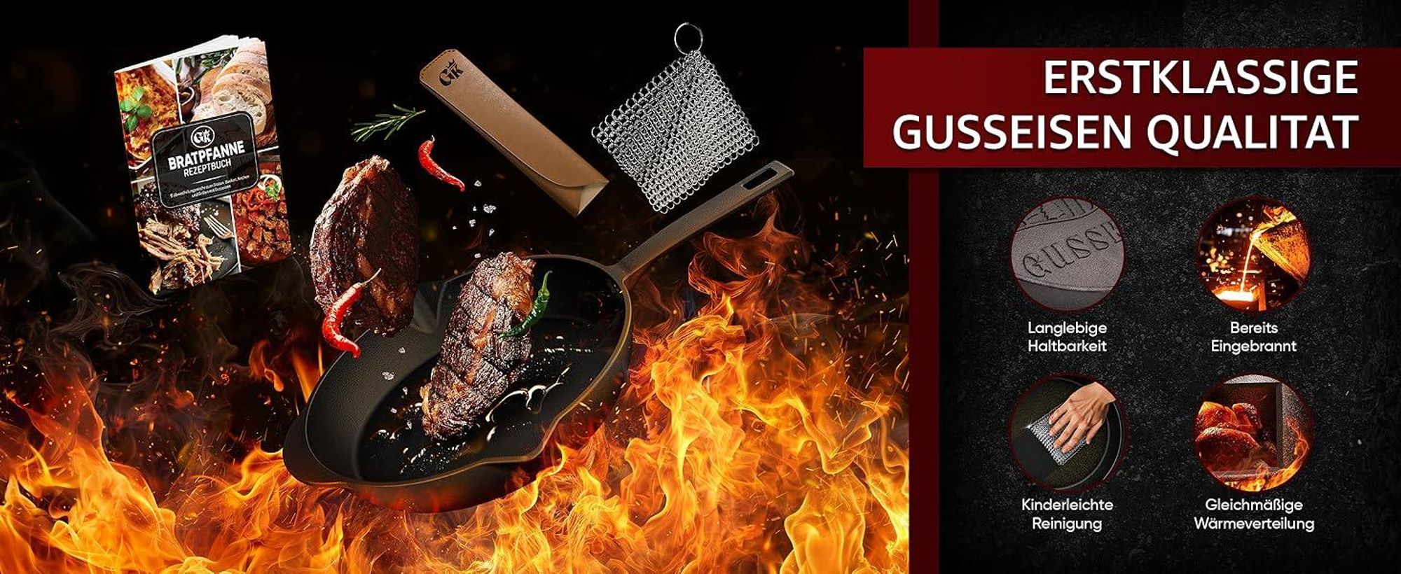Gusseisenpfanne Set mit Zubehör & Flammen – langlebig, eingebrannt & leicht zu reinigen.