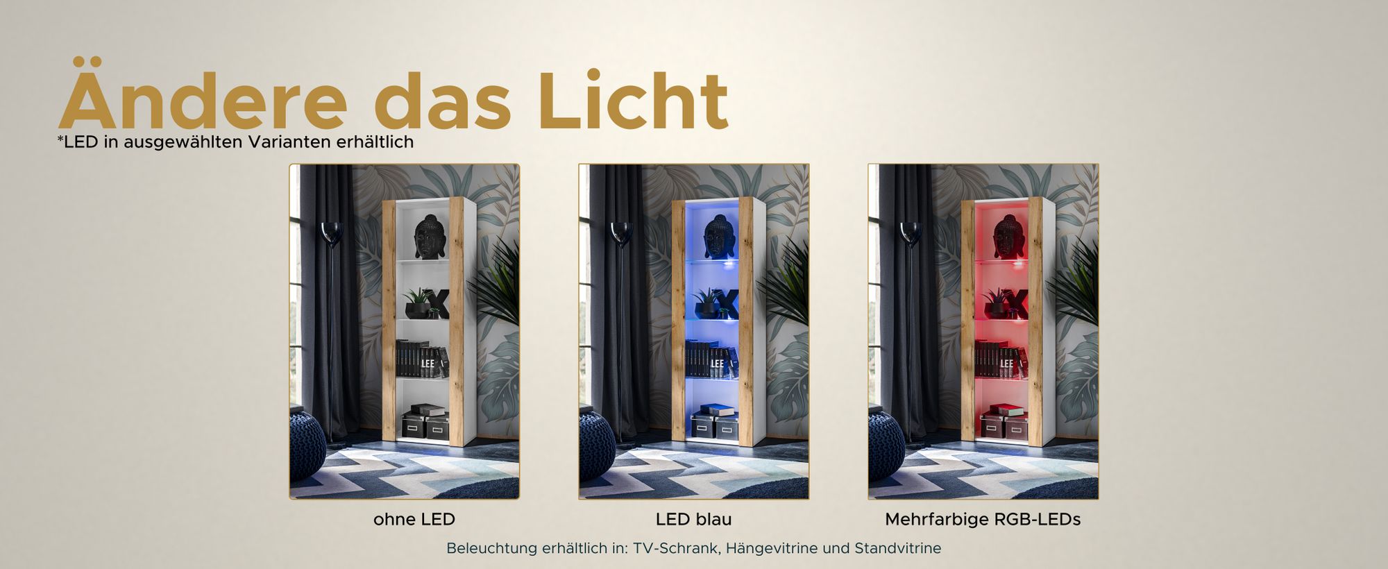 Komodee | Wohnwand mit TV-Schrank und Vitrine Tivoli Set Medio, Korpus Weiß Matt Frontfarbe Wotan Matt, LED Blau
