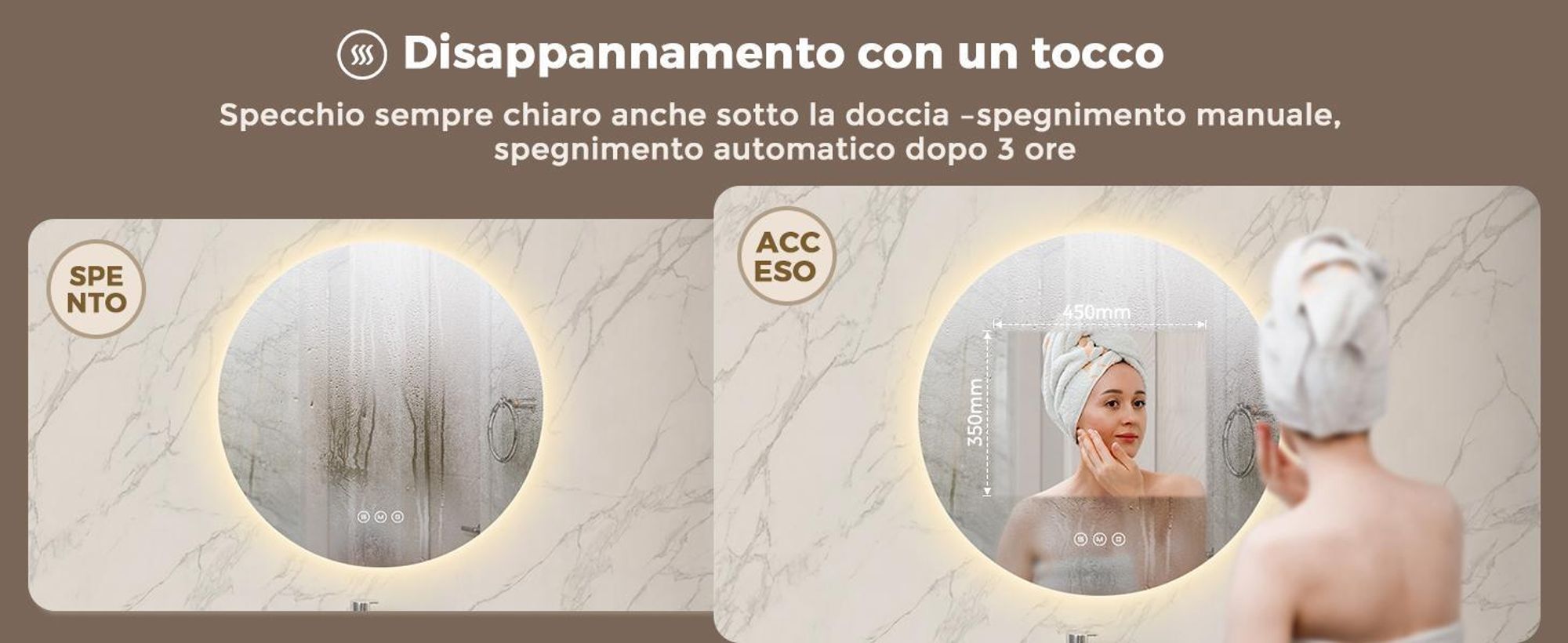 Specchio da bagno con illuminazione, rotondo, 80 cm, S'AFIELINA LED, intensità regolabile, 3 tonalità di luce, antiappannamento, comando touch, funzione di memorizzazione, IP65, impermeabile per il bagno