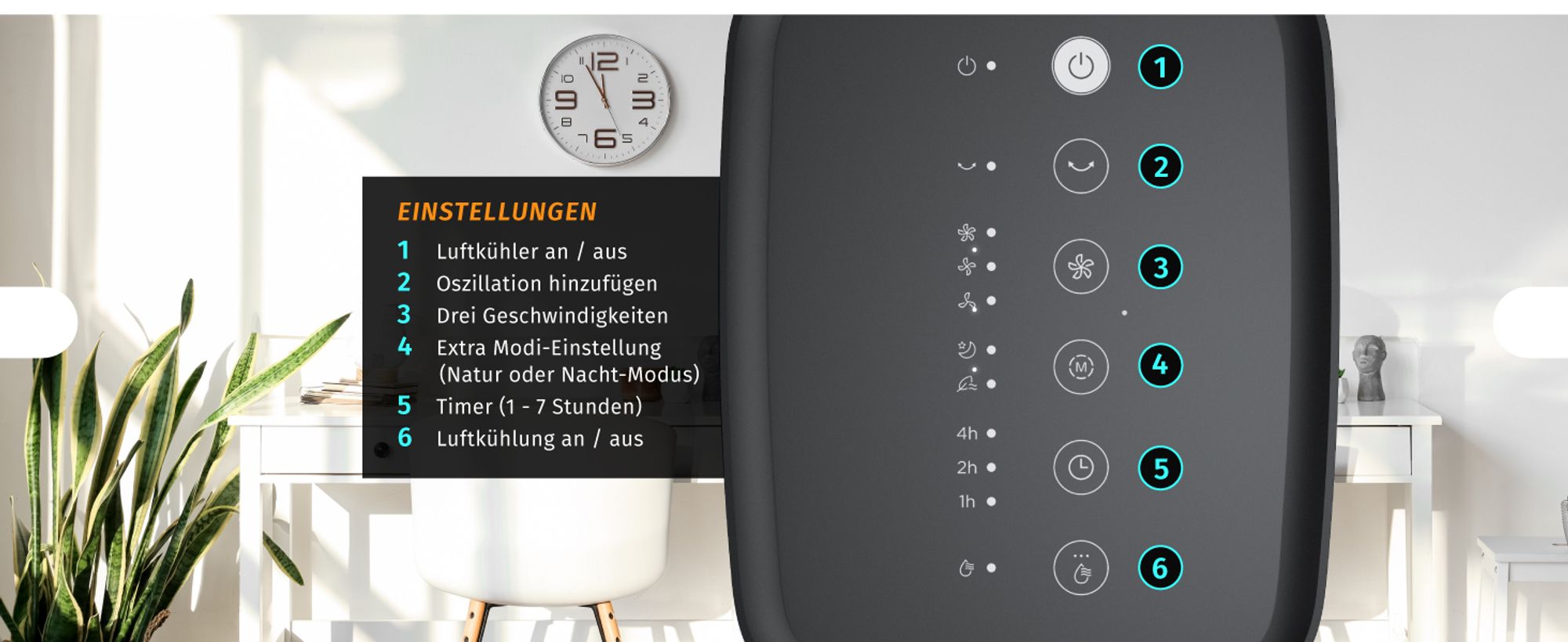Nahaufnahme des Bedienfelds mit beleuchteten Symbolen und Funktionen auf schwarzem Gerä