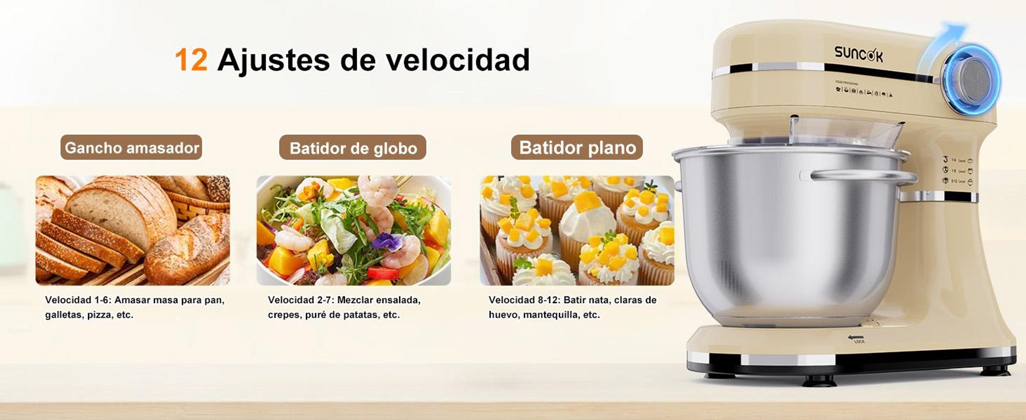 SUNCOK Batidora Amasadora 1500W, 2 cubetas de acero inoxidable (4,5L/5,5L), 12 velocidades+Pulse, movimiento planetario,accesorios para batir y amasar