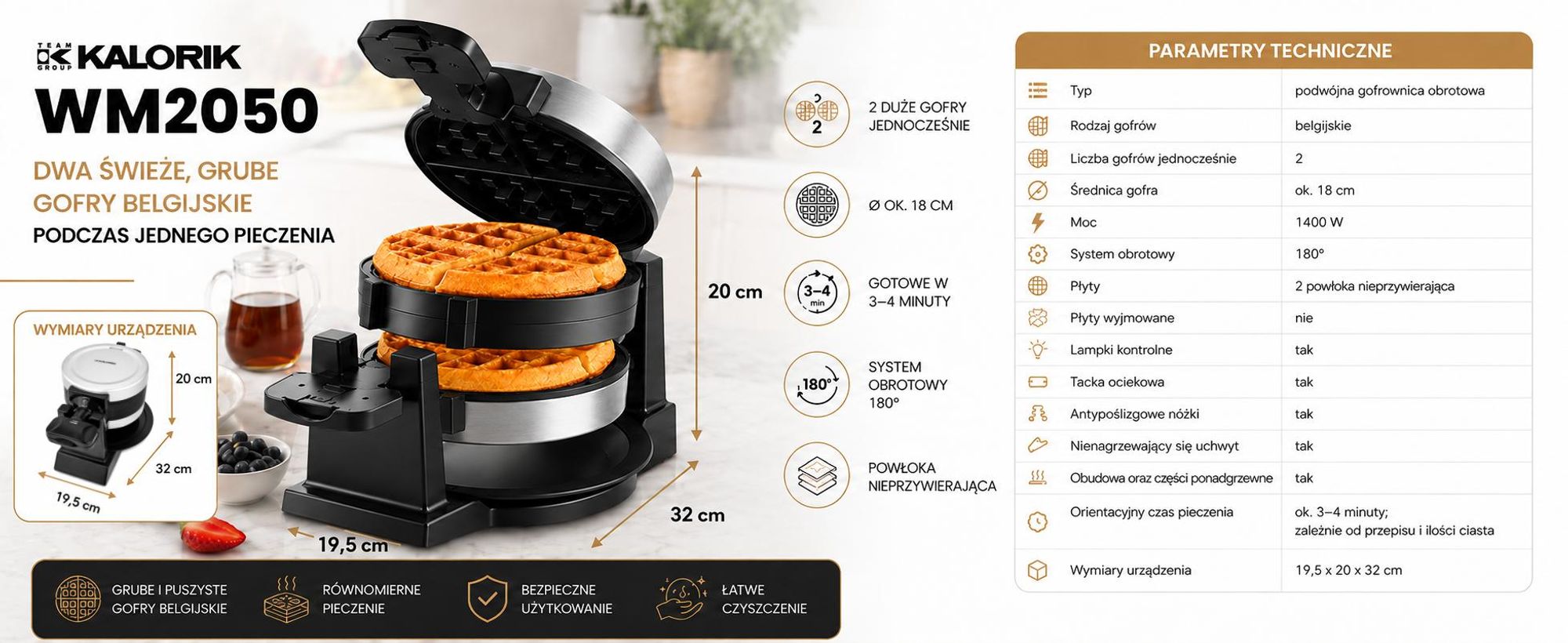 Gofrownica 1400W Obrotowa Podwójna Wm2050 2 Gofry Belgijskie 180° Mocna
