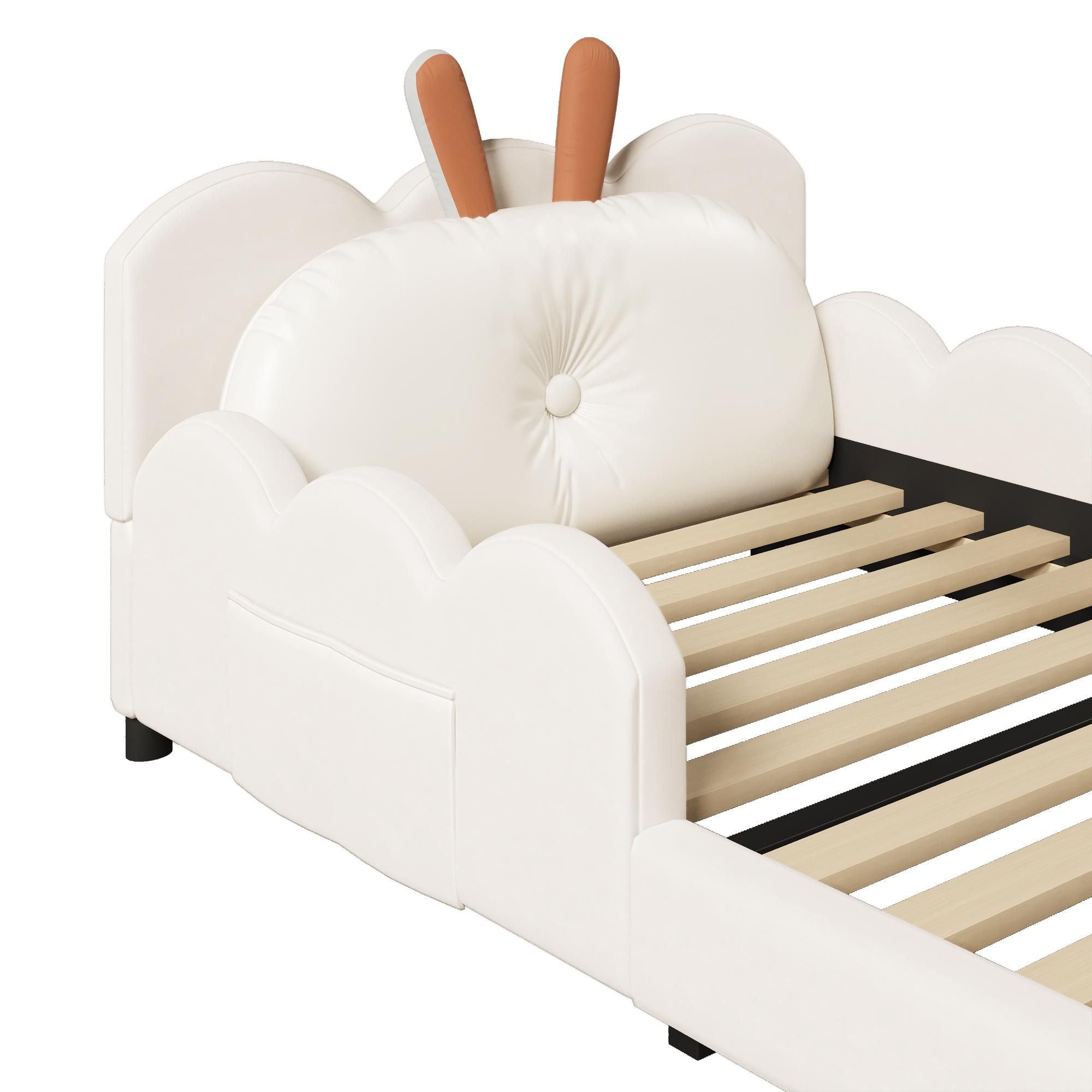 Merax Polsterbett 90x200 cm, mit Kaninchen-Kopfteil, gepolstert, Einzelbett, mit Schutzgeländer, Kinderbett, Jugendbett, Beige