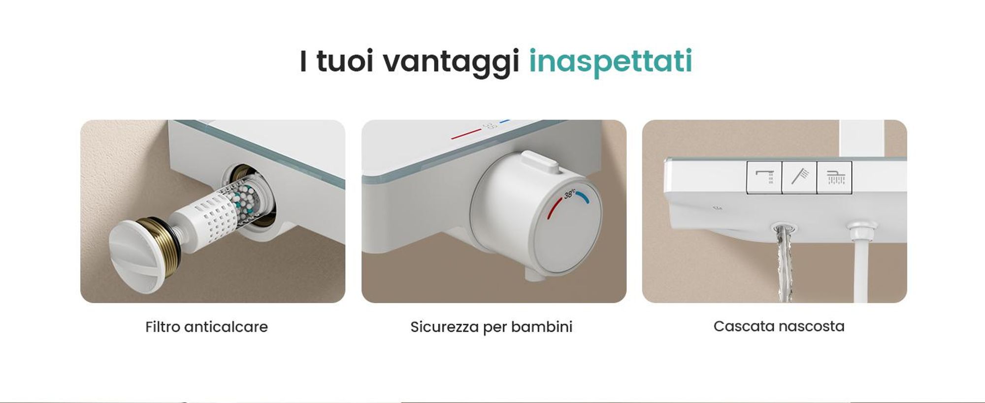 Sistema doccia EMKE con termostato, soffione a pioggia 36x24cm, doccia a pioggia con ripiano in vetro, doccetta con 4 intensità di getto, rubinetteria per vasca e doccia, bianco opaco