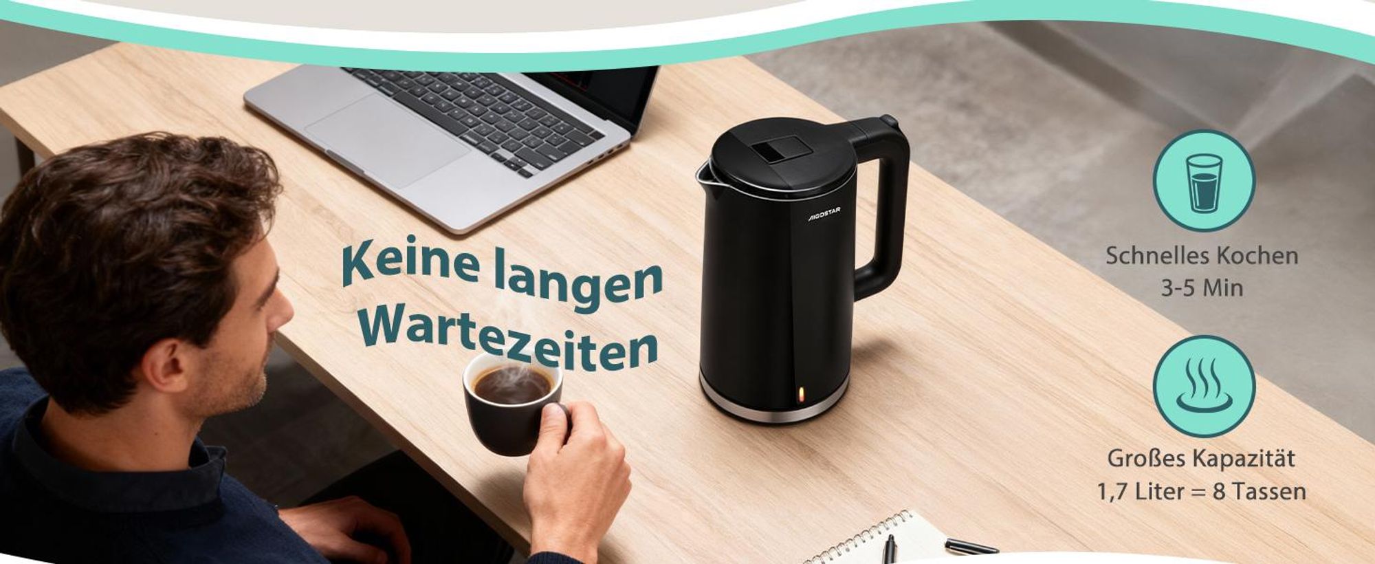 Aigostar - Doppelwand Edelstahl Wasserkocher, 2200W, 1,7 L, Schwarz
